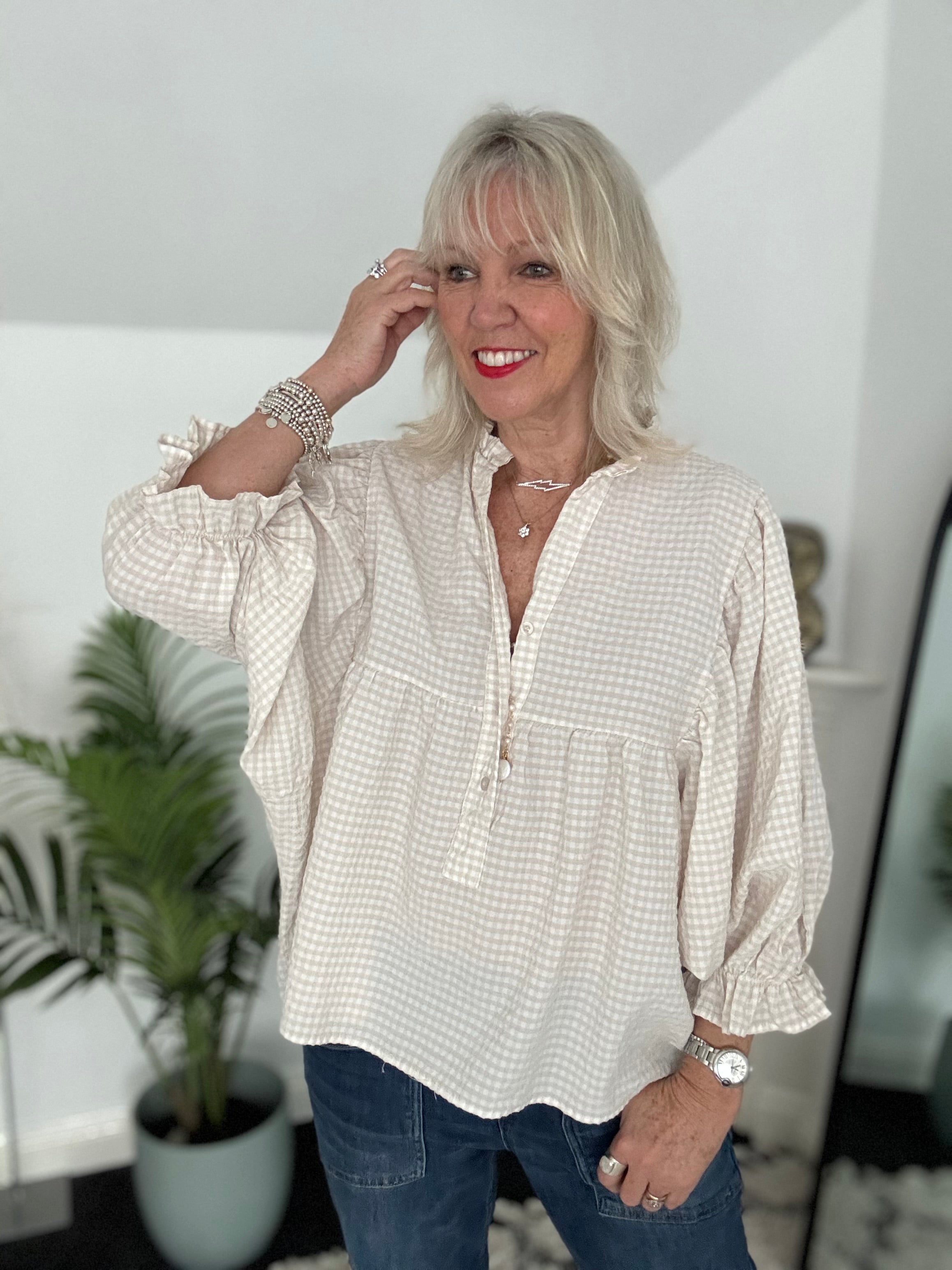 Gingham Seersucker Blouse in Stone
