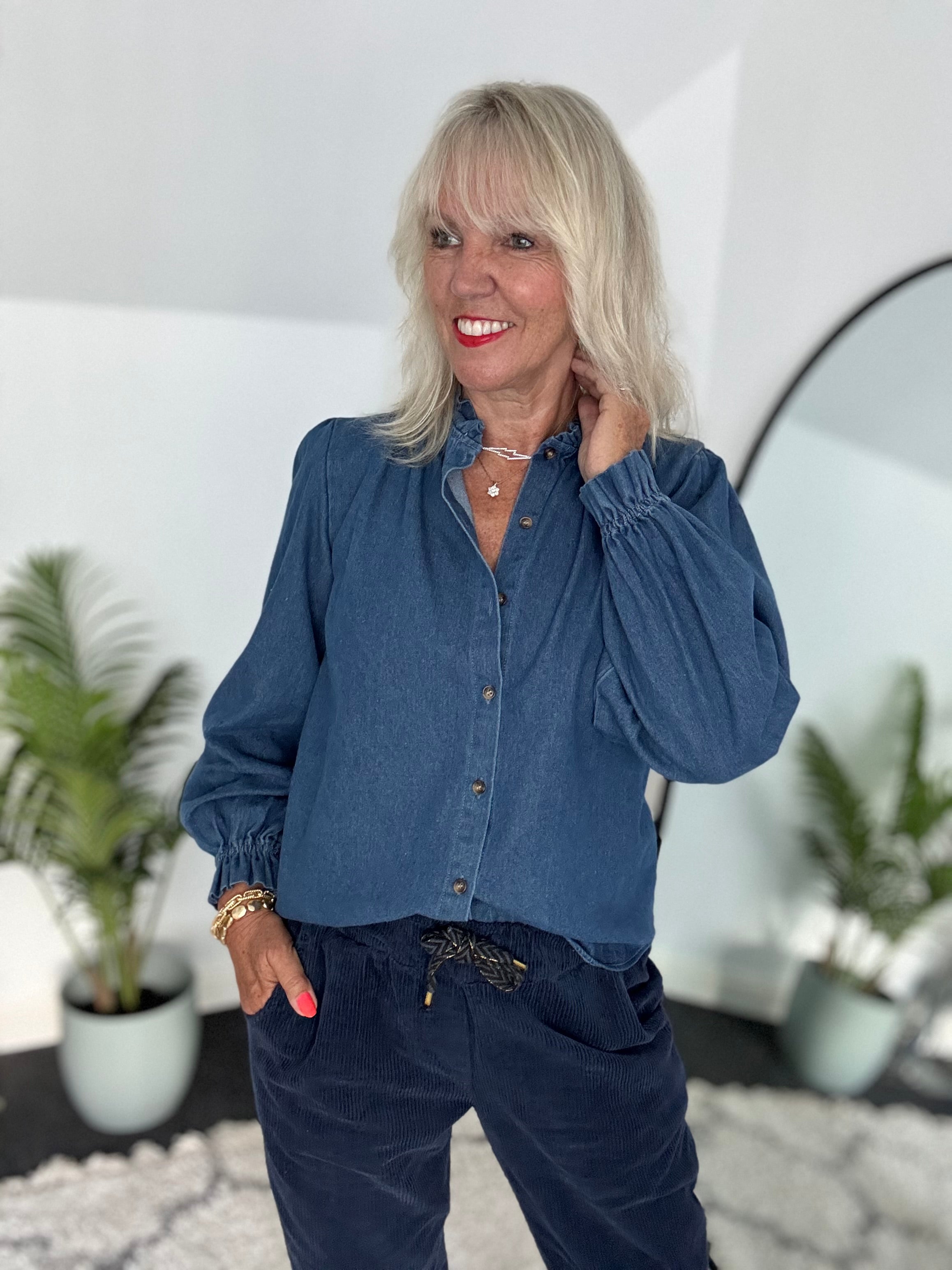 Soft Denim Shirt with Ruffle Collar & Cuffs
