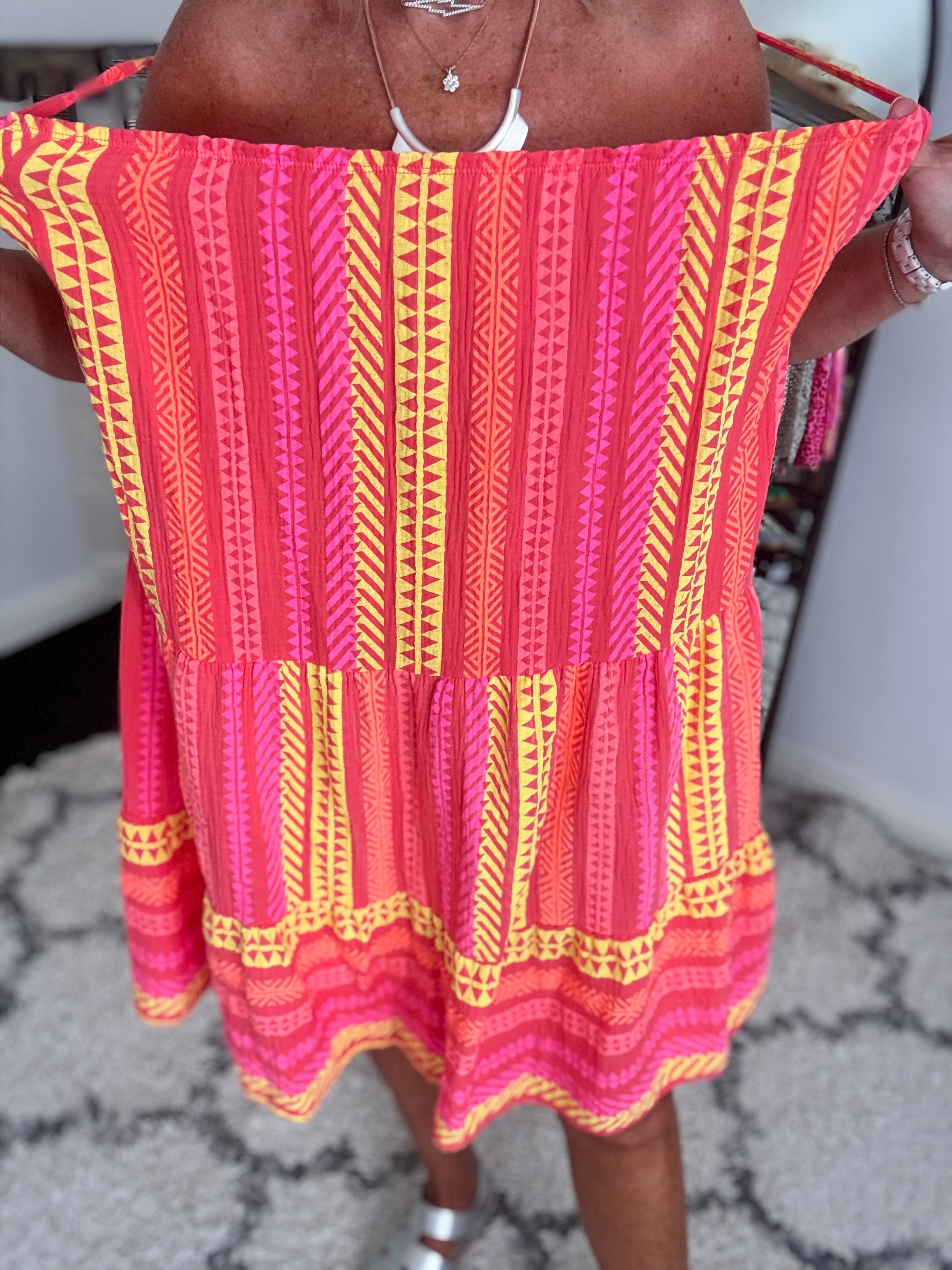 Aztec Cheesecloth Dress in Coral Red