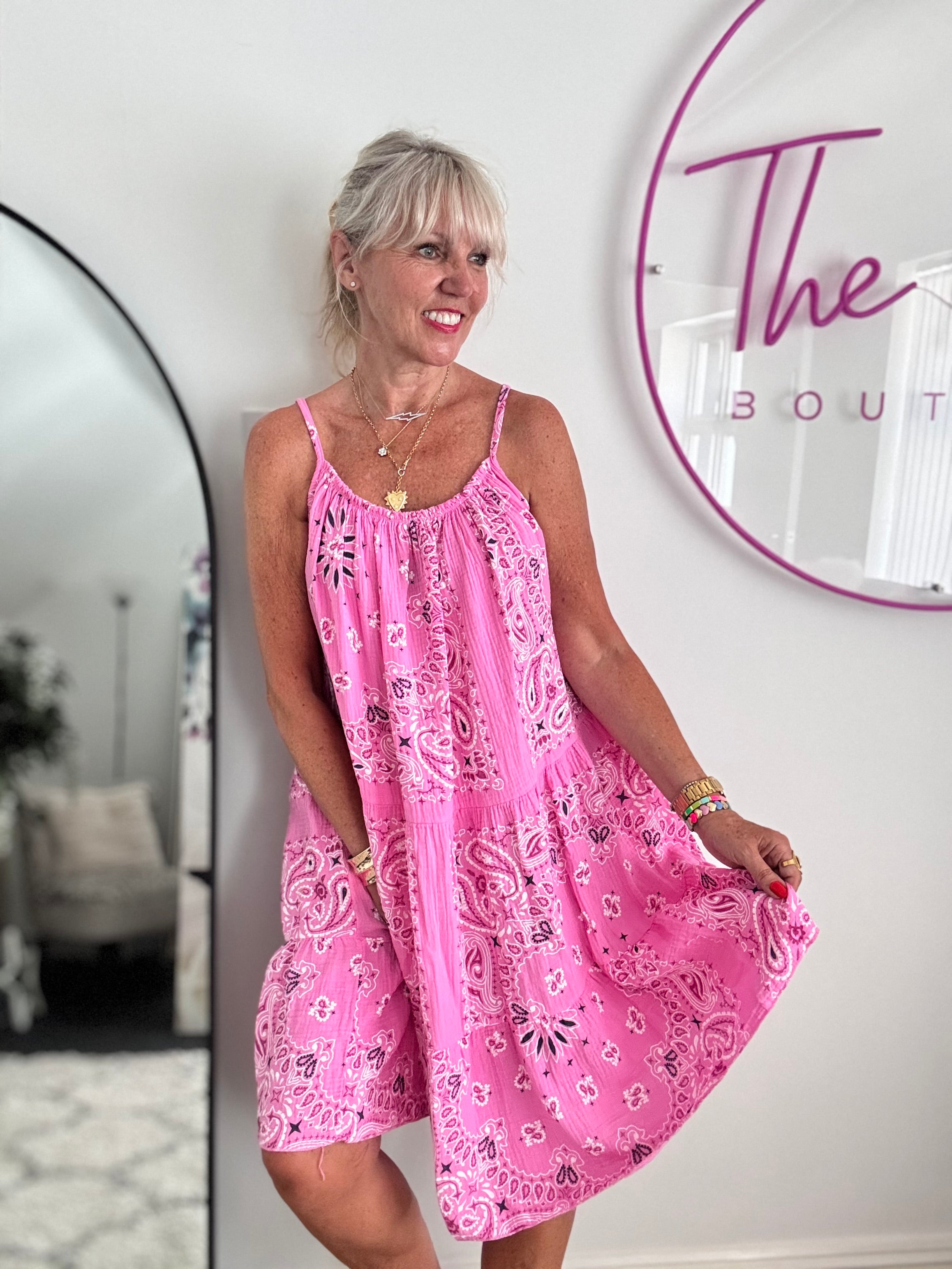 Paisley Cheesecloth Dress in Candy Pink