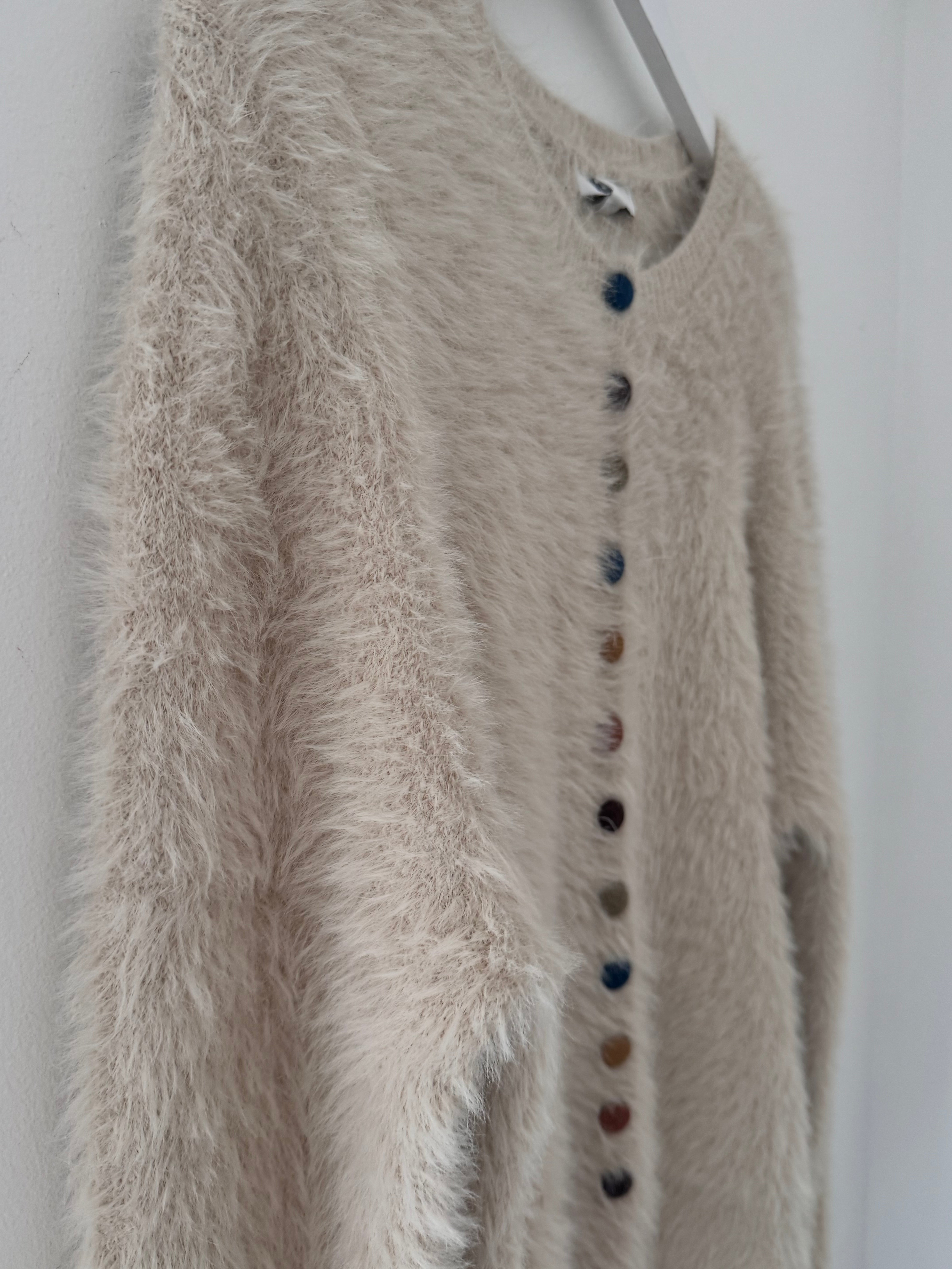 Fluffy Cardi with Multicolour Buttons in Ecru