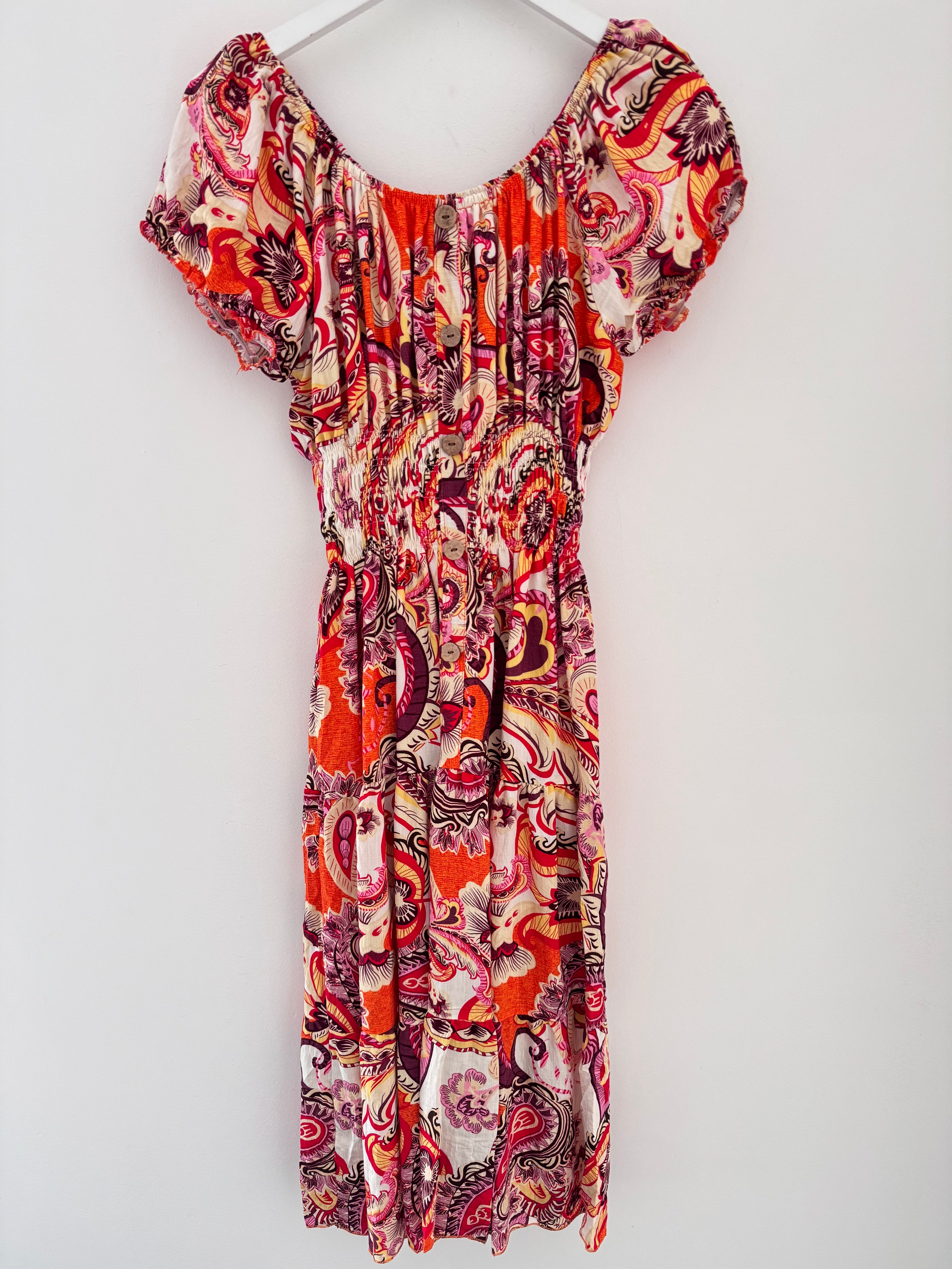 Bardot Dress in Orange & Plum