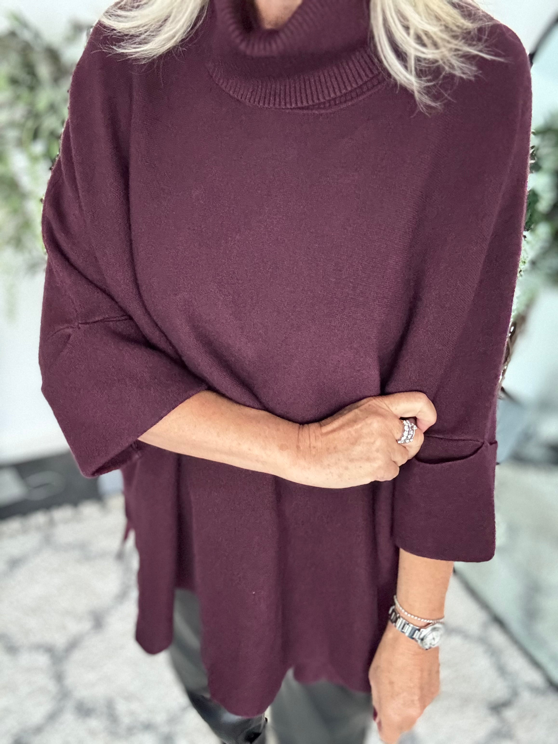 Oversized Roll Neck Poncho Jumper in Plum