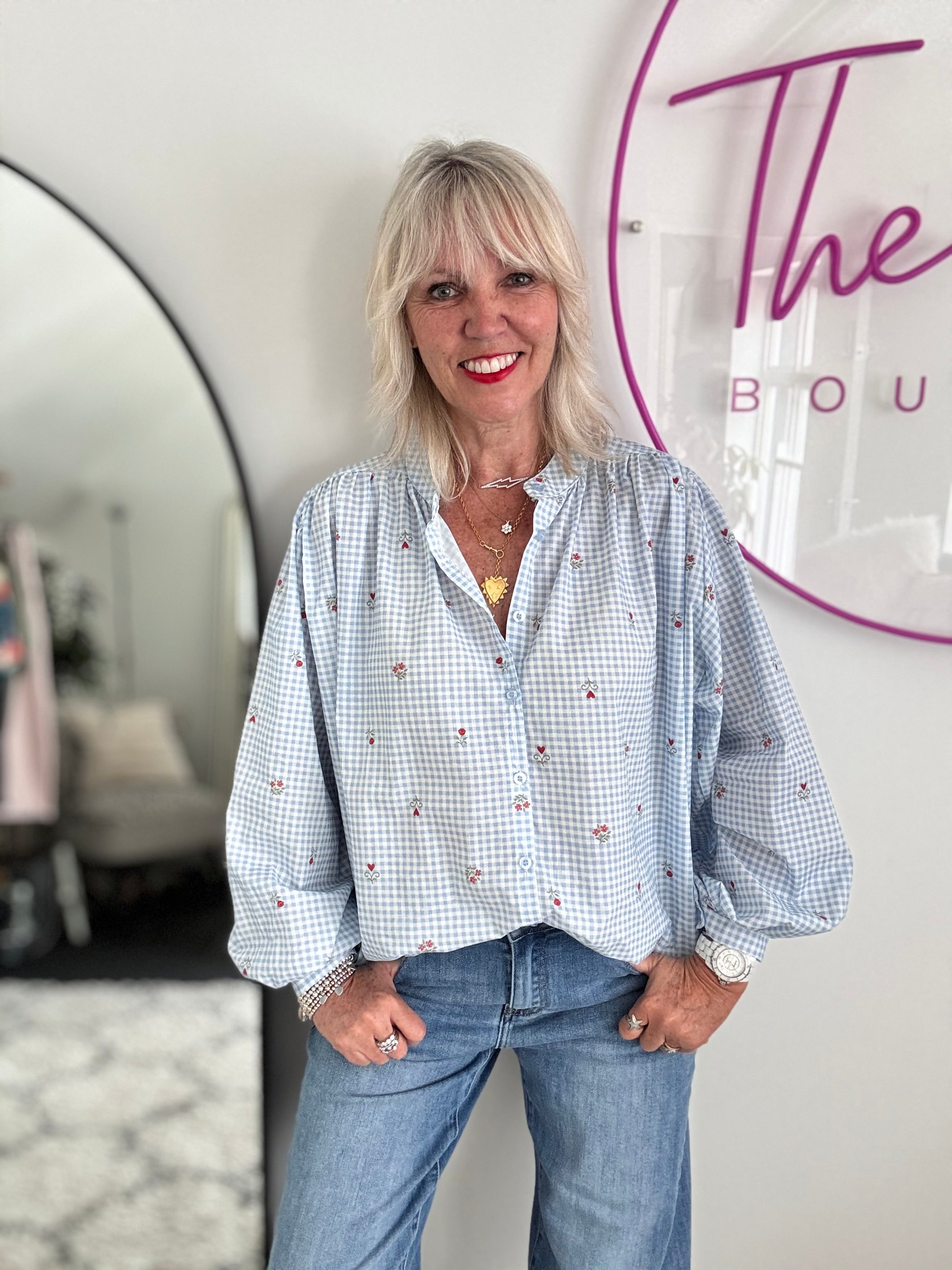 Gingham & Sprig Shirt in Blue & White