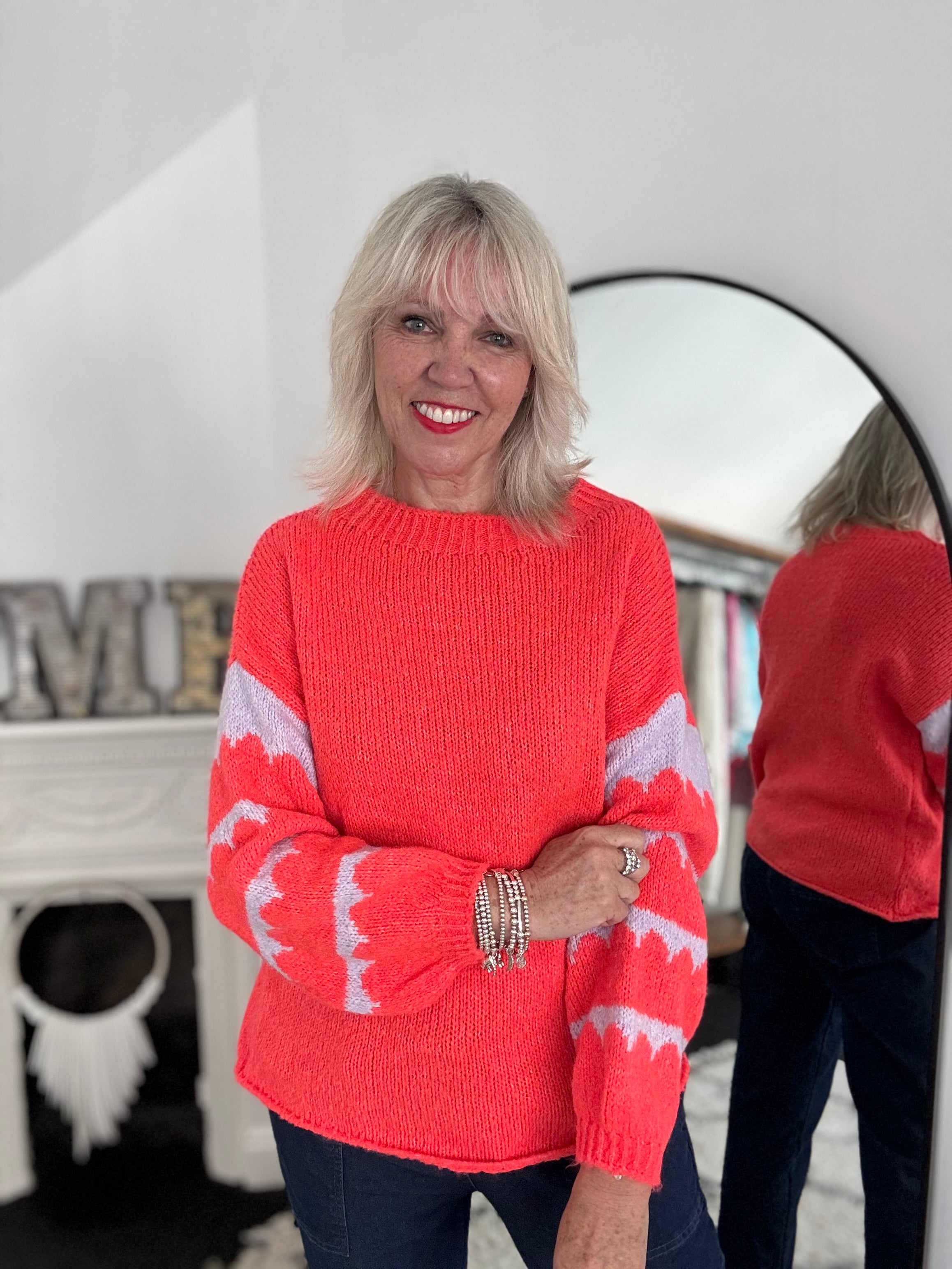 Coral Jumper with Stripe Lilac Sleeves