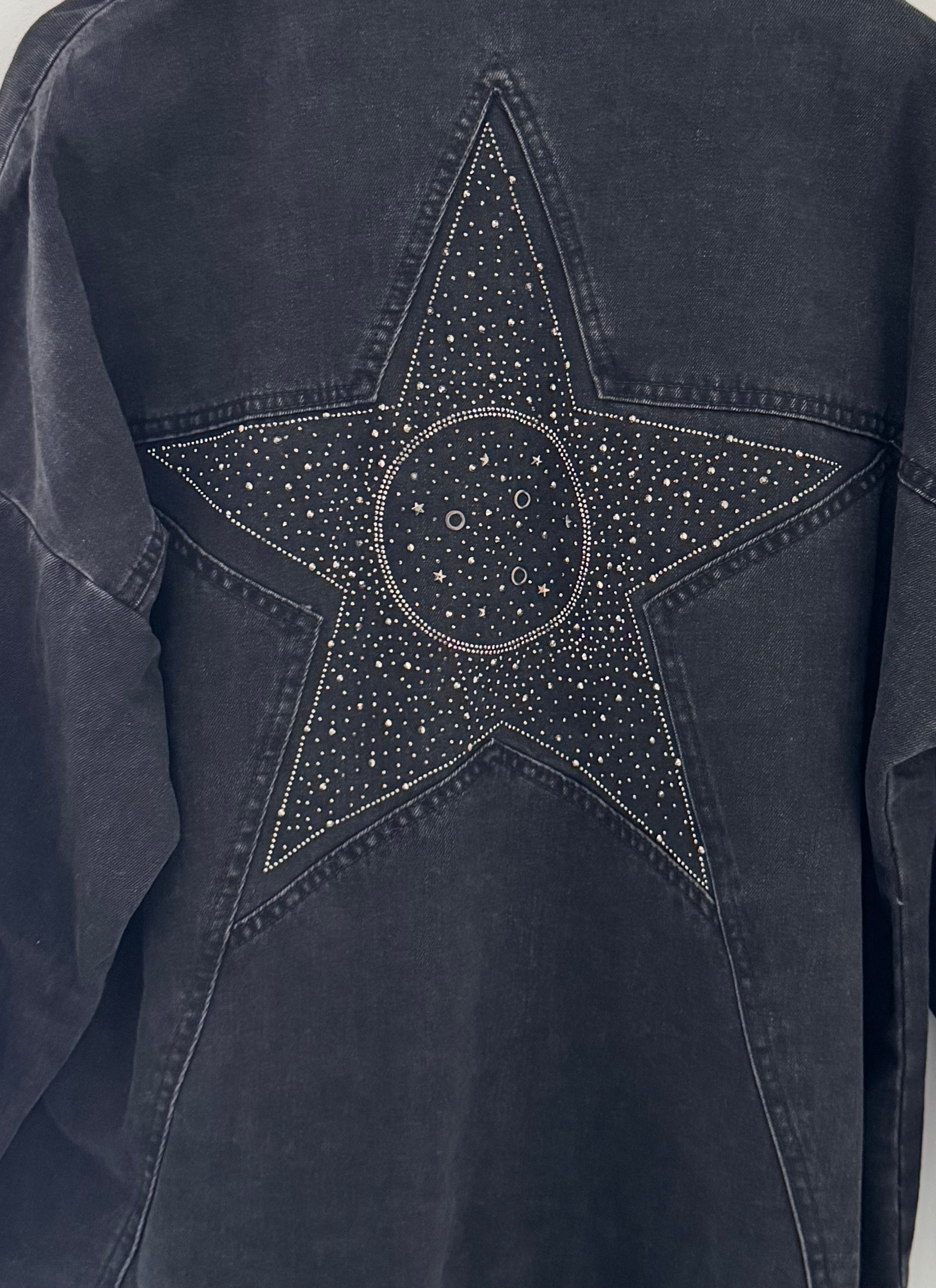 Boyfriend Shacket with Sparkly Star in Black Denim