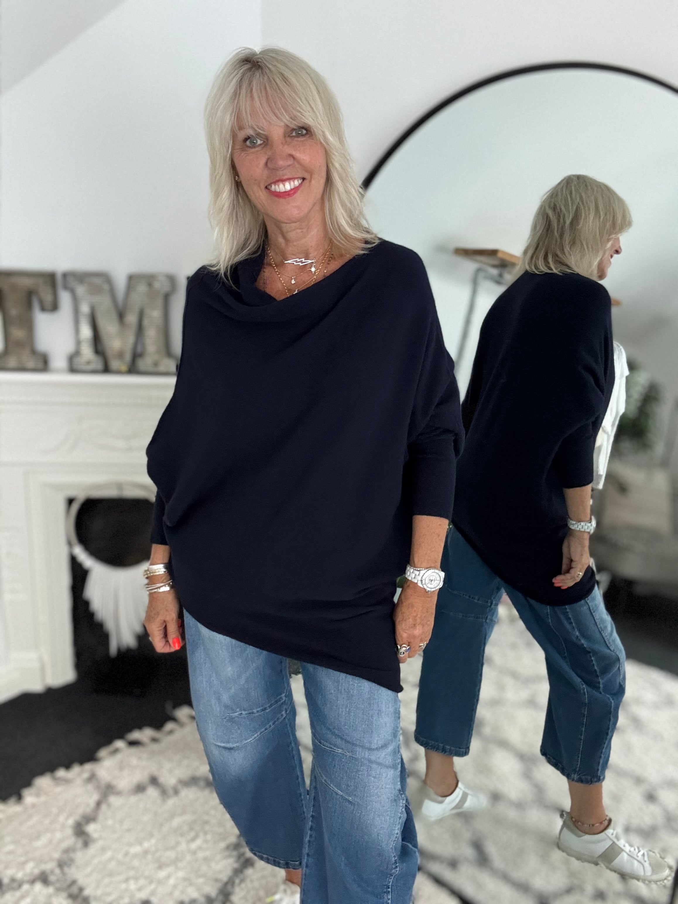 Cowl Neck Asymmetric Jumper in Ink