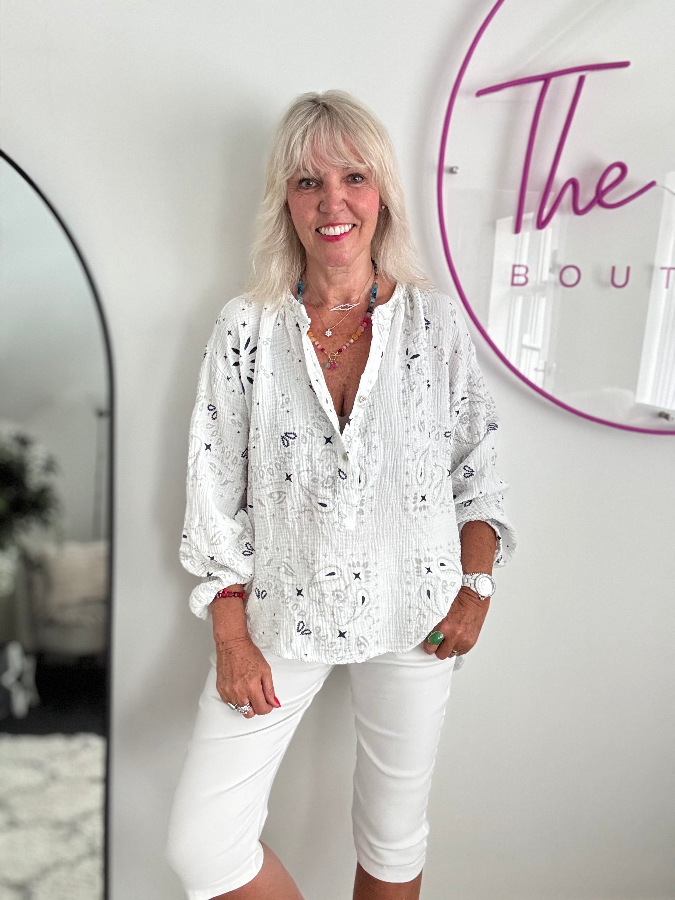 Oversized Paisley Cheesecloth Shirt in White
