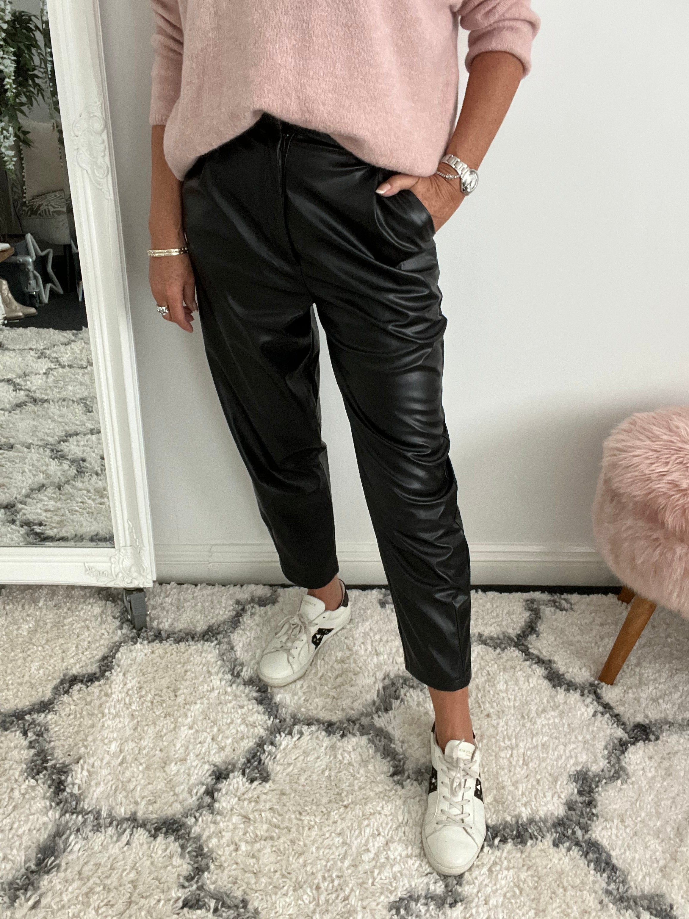 Vegan Leather Boyfriend Trousers in Black