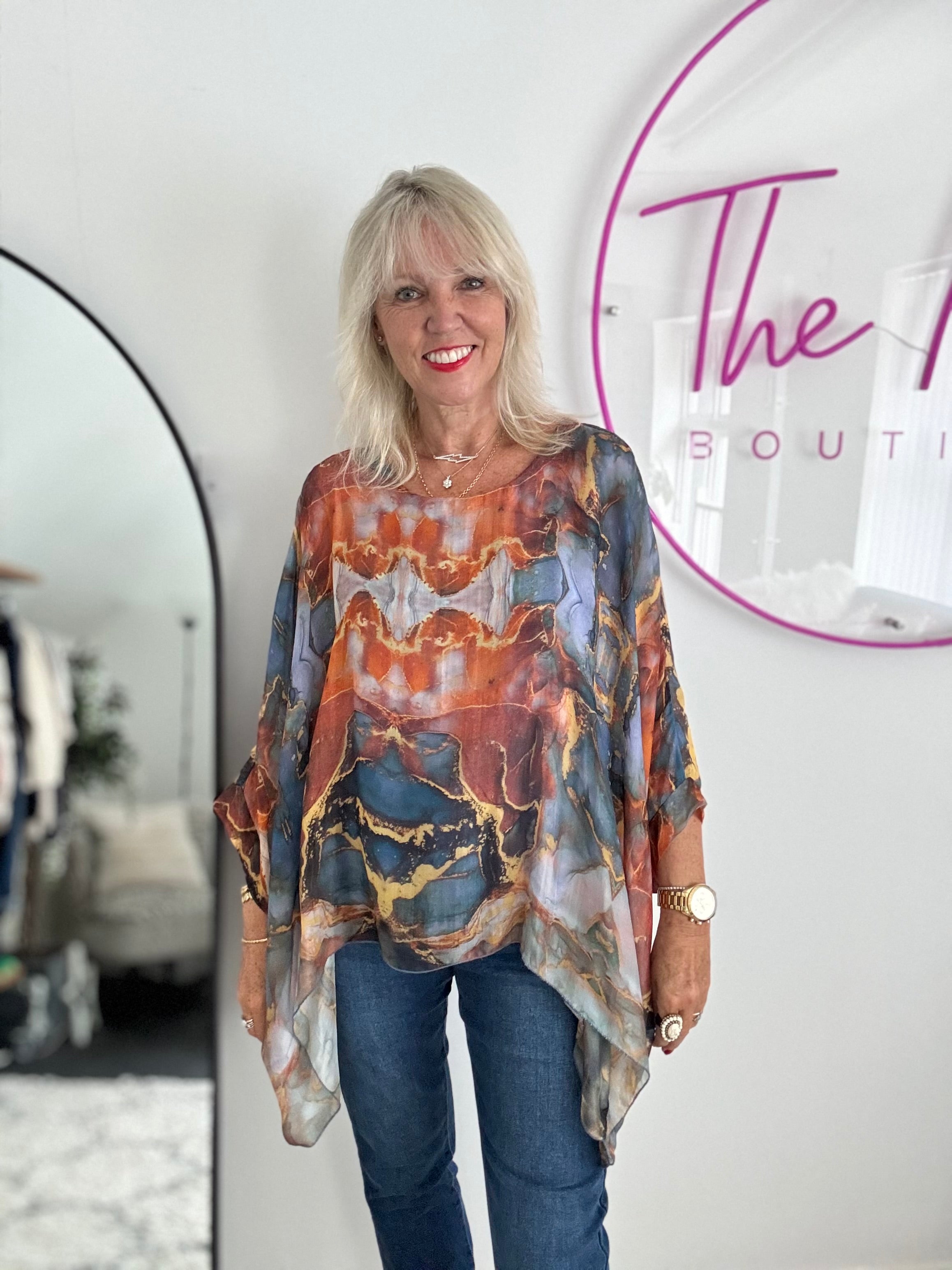 Silk Blouse in Dark Blue & Rust Marble