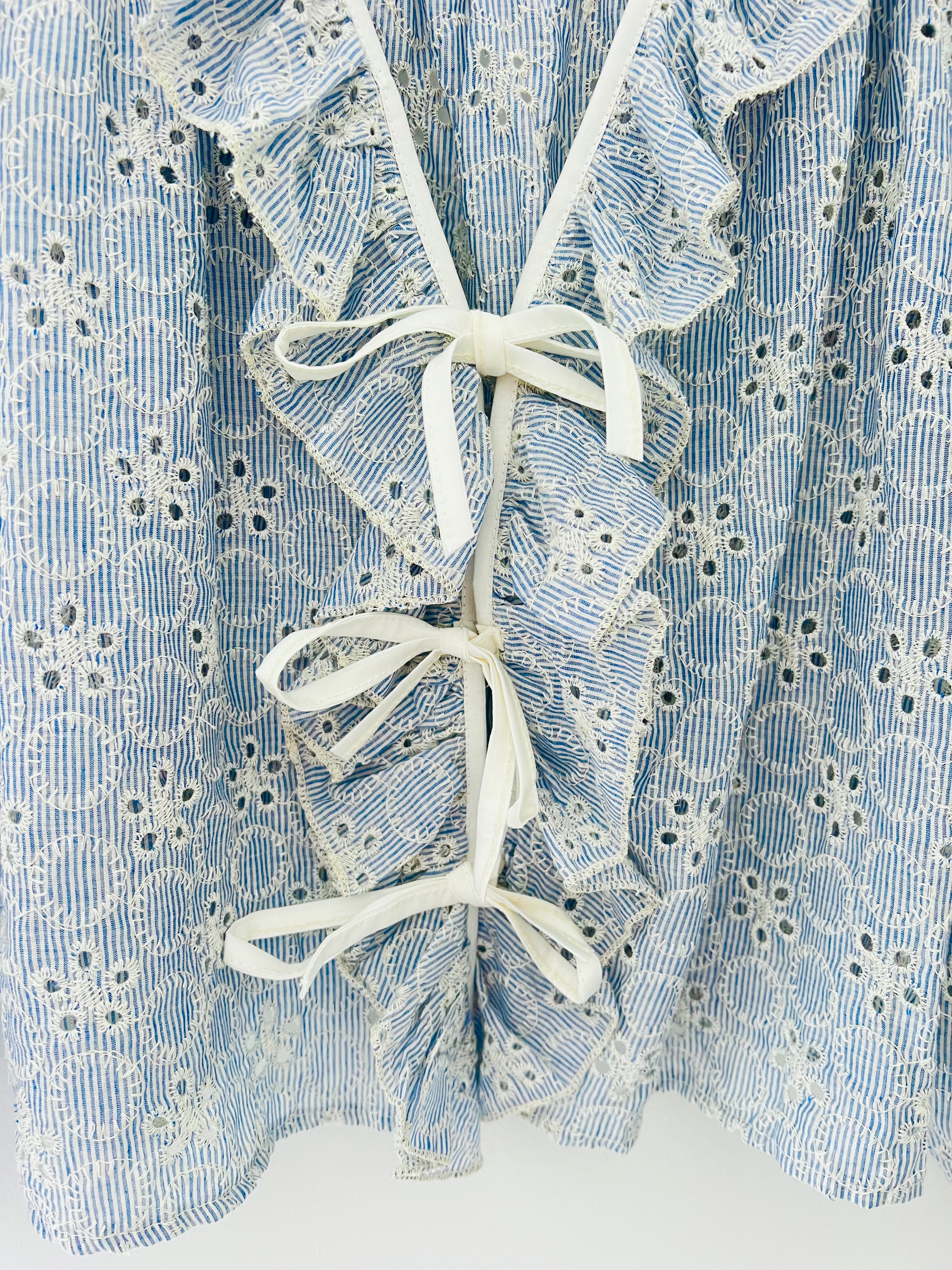 Broderie Tie Front Blouse in Blue & White