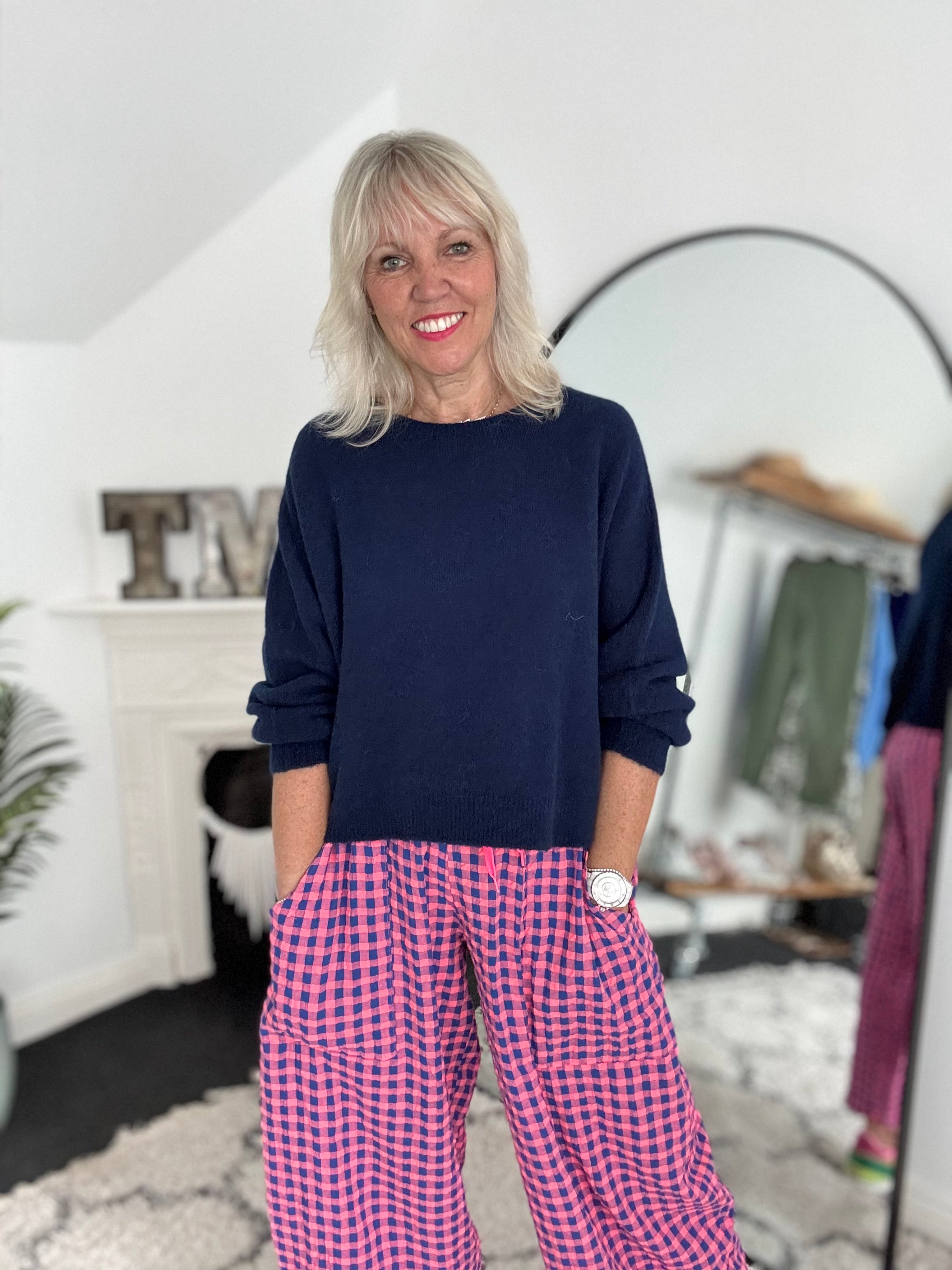 Barrel Check Trousers in Pink & Blue