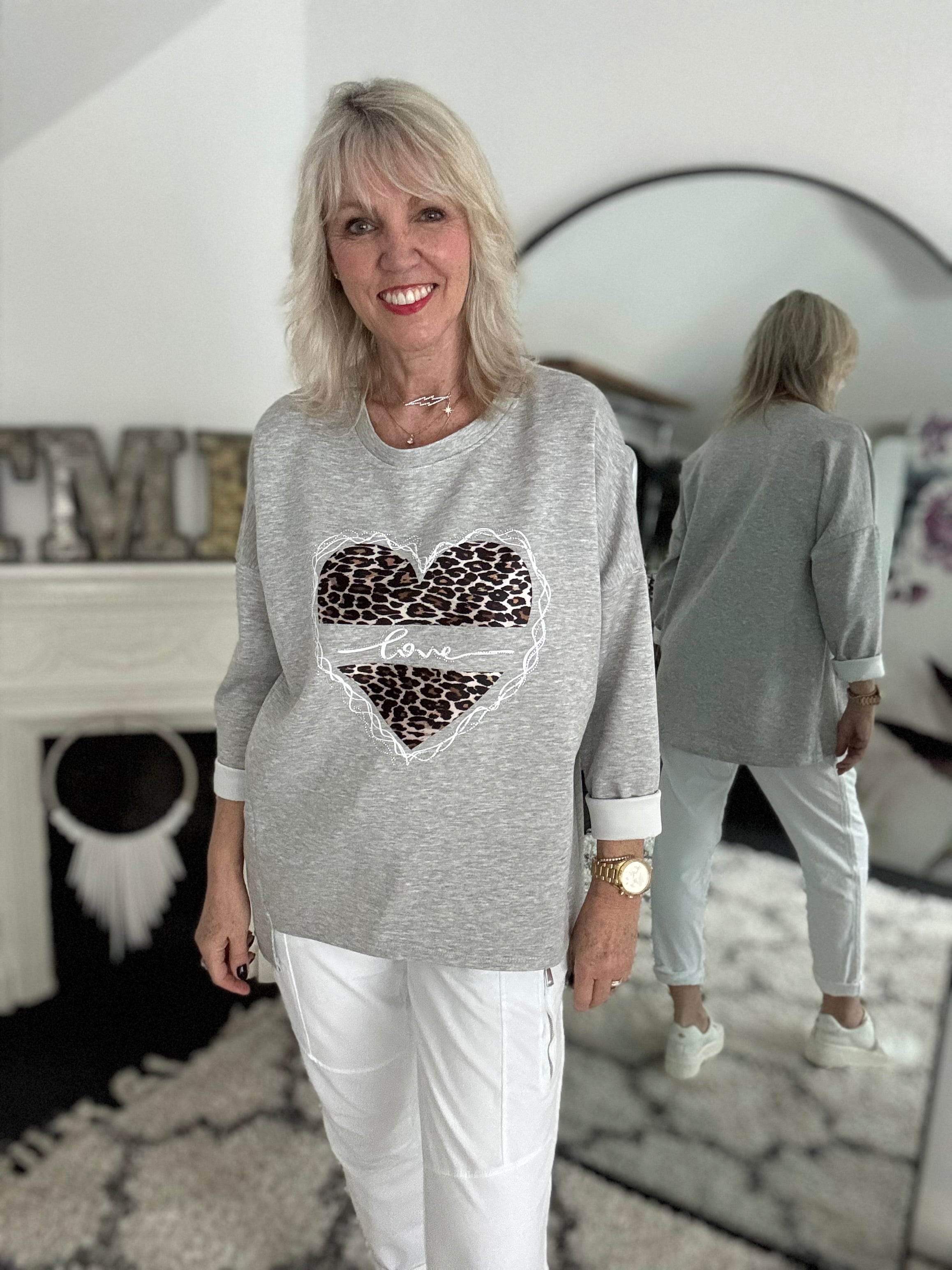 Leopard Heart Sweatshirt in Marl Grey