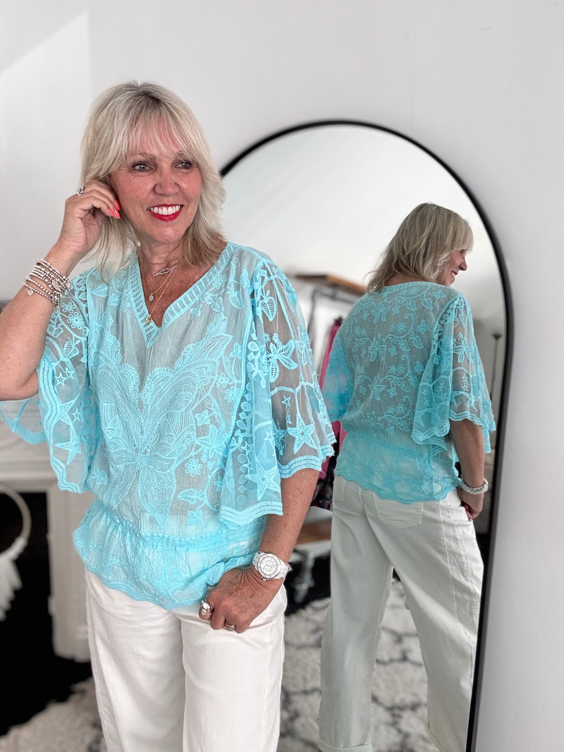 Lace Butterfly & Star Top in Aqua