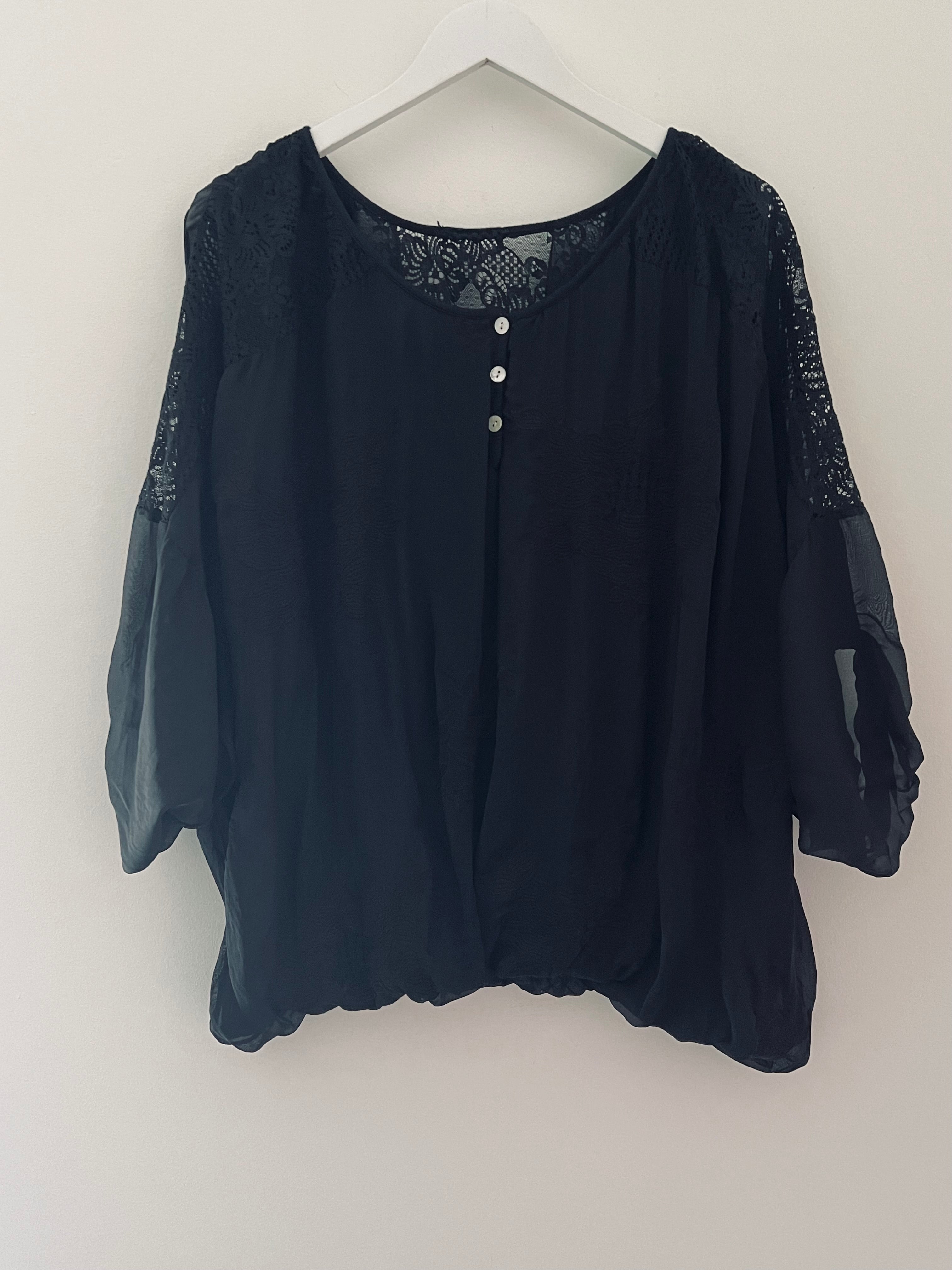Silk Blouse with Embroidered Flowers in Black
