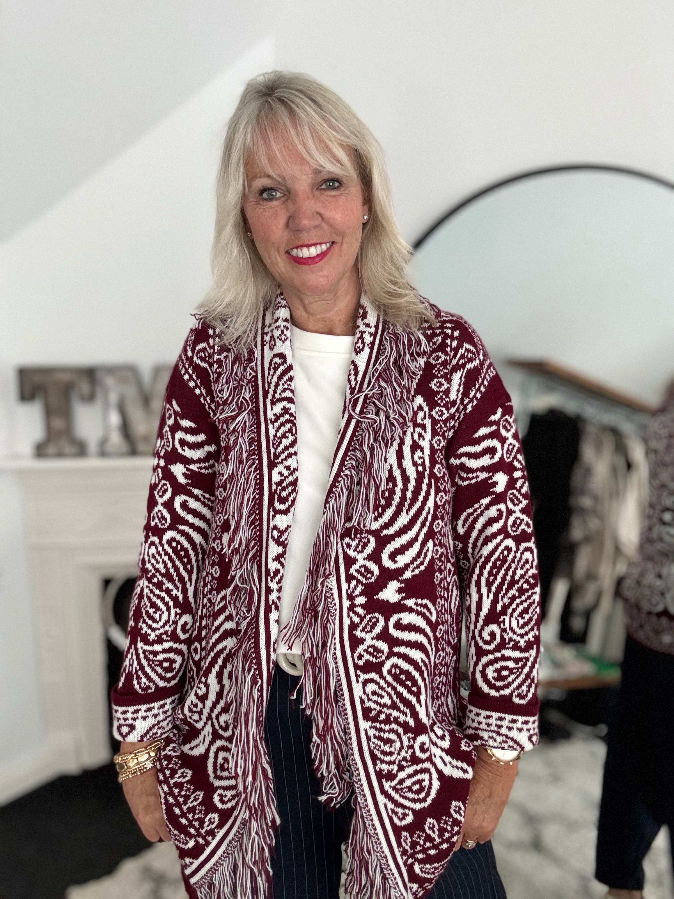Fringed Paisley Cardigan in Wine