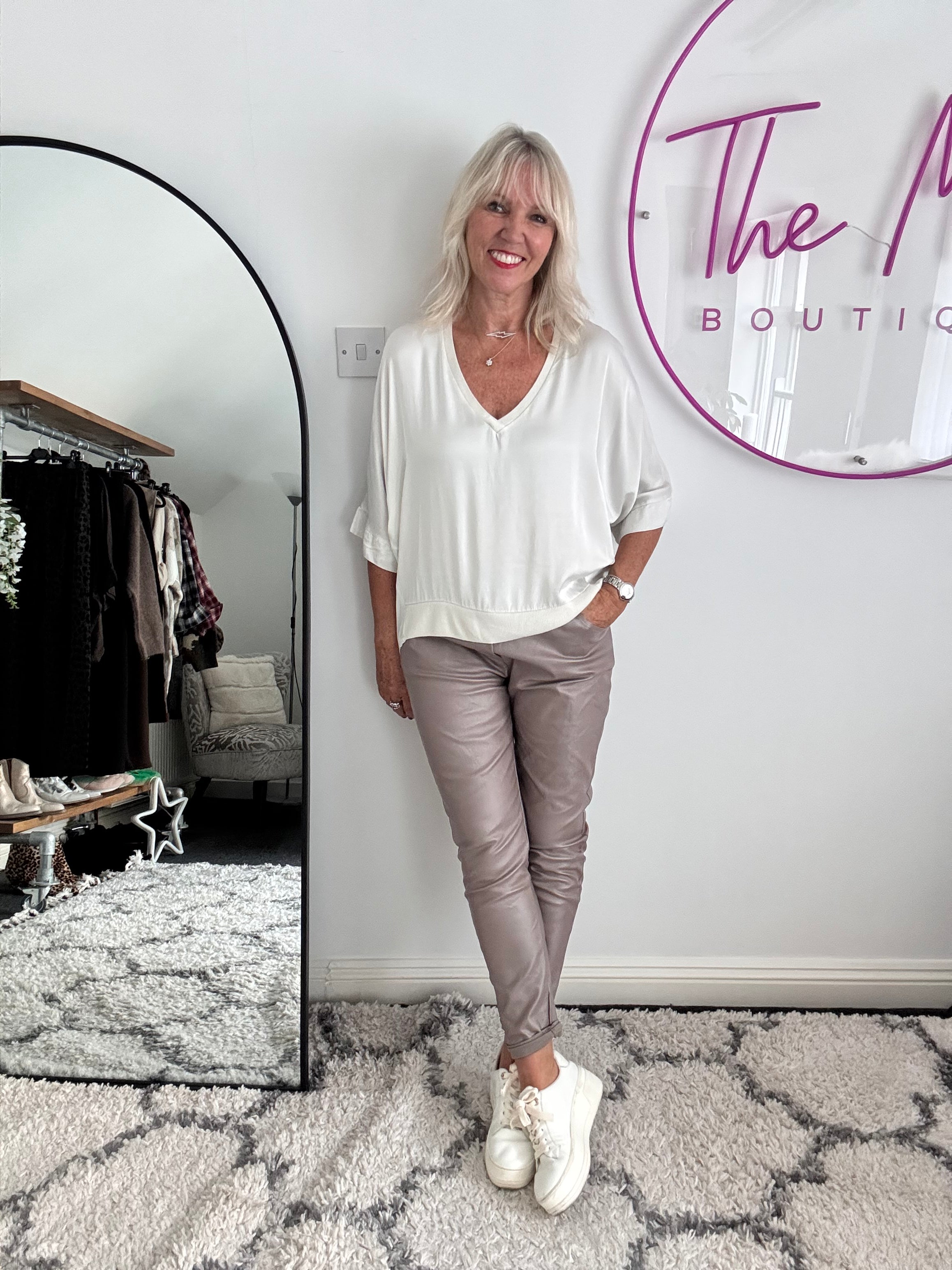 Silky V Neck Top in Ecru