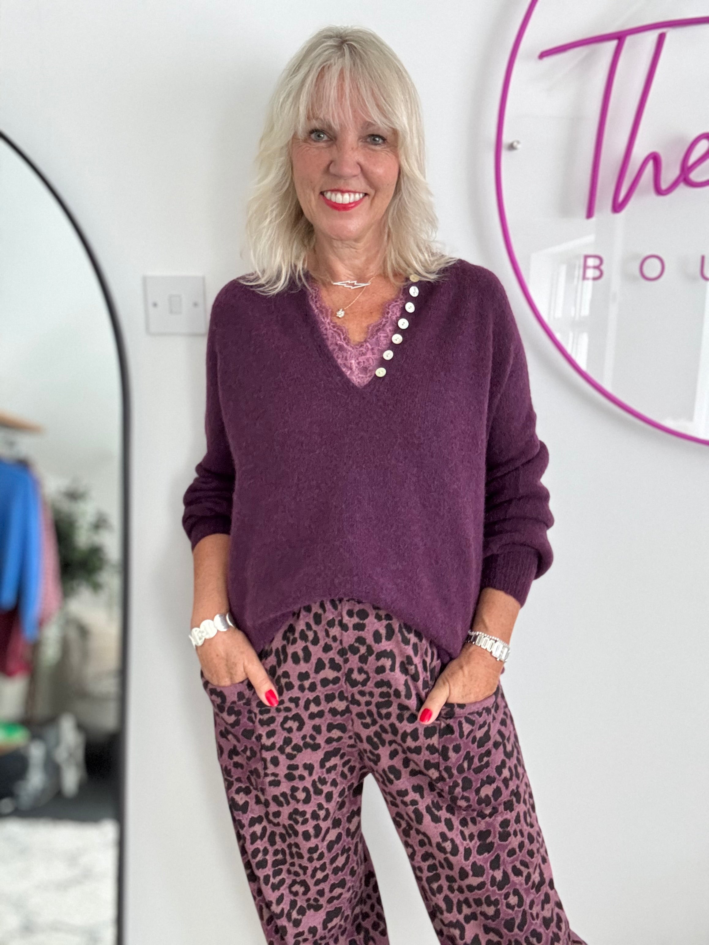Softie Jumper with Button Neck in Plum