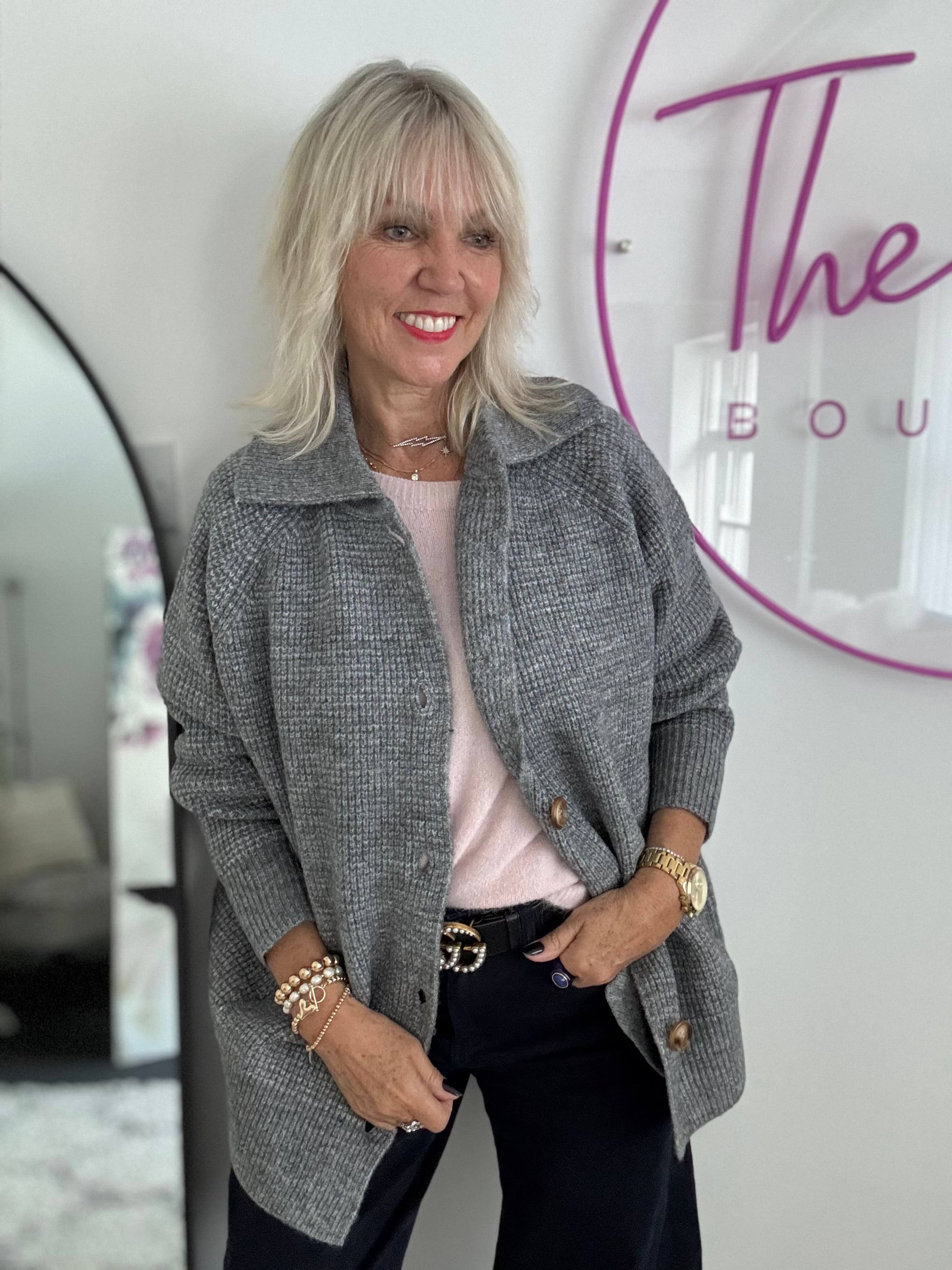 Fisherman Rib Knitted Jacket in Marl Grey