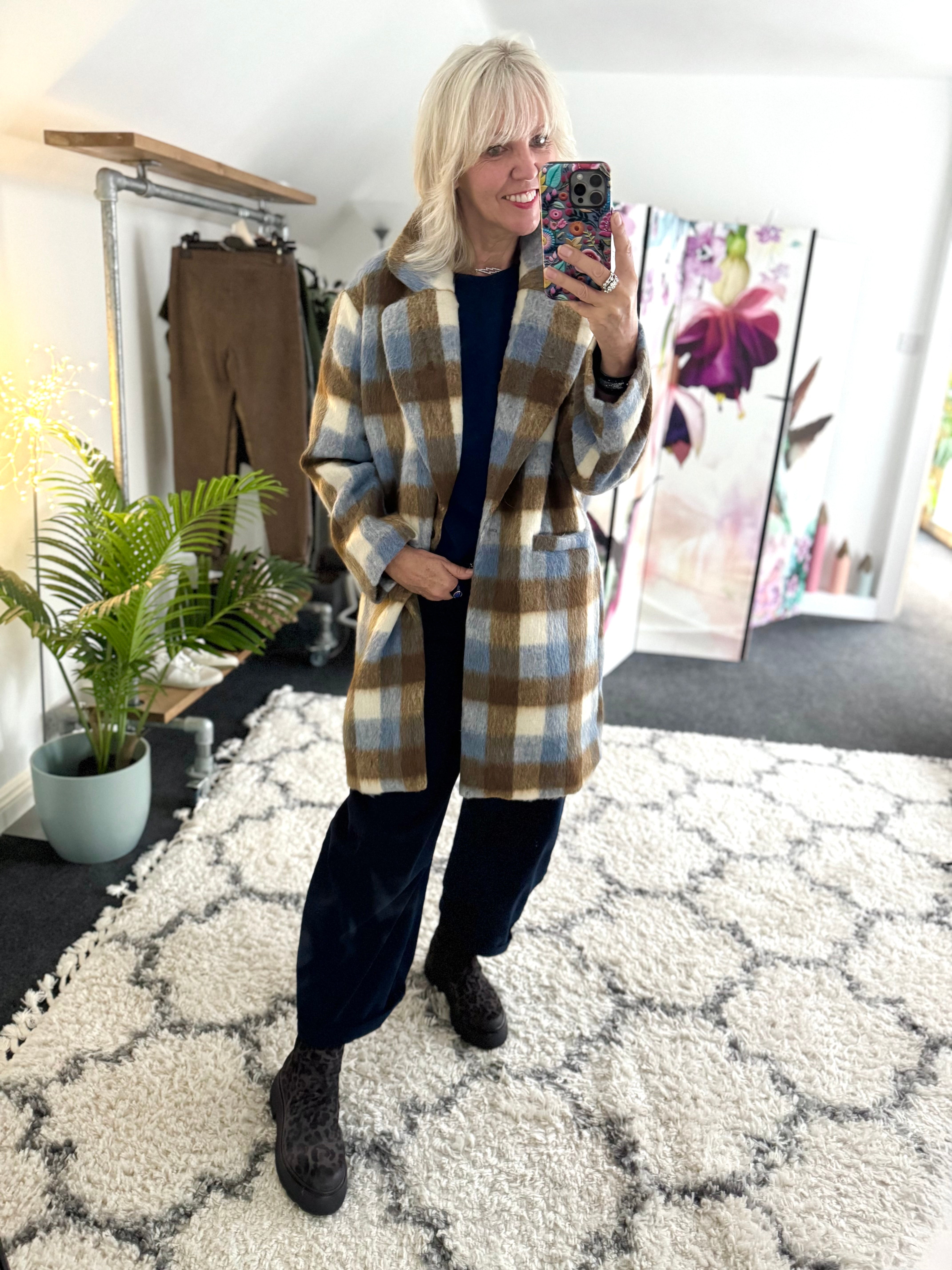 Check Mohair Coat in Blue & Chocolate