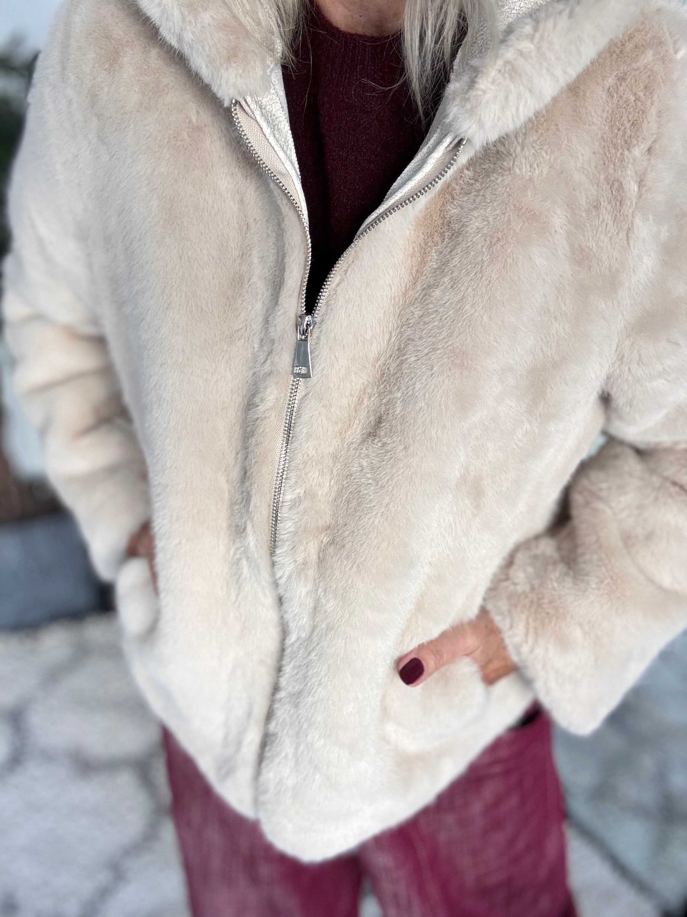 Hooded Fur Jacket in Ecru