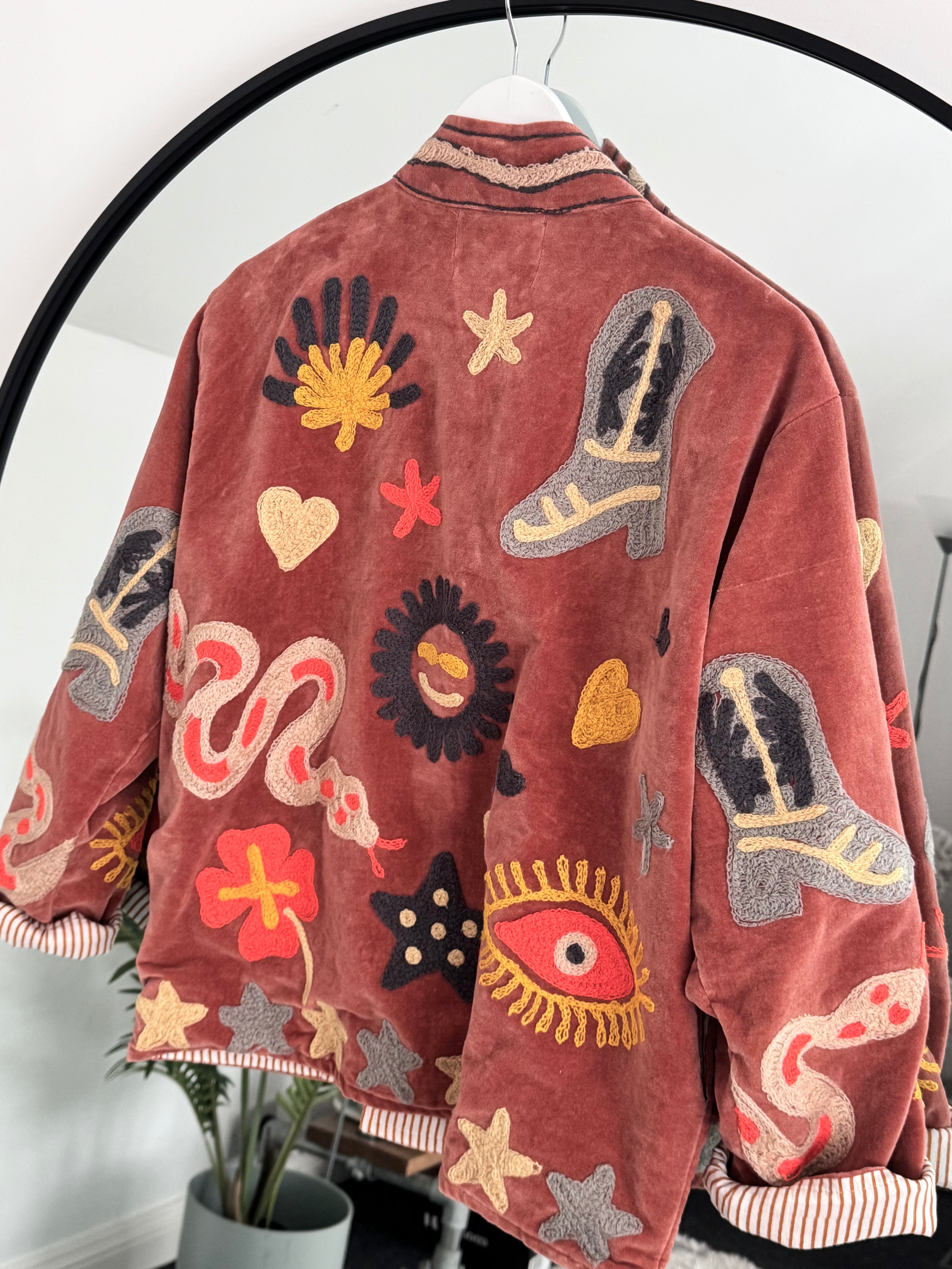 Artisan Velvet Jacket with Appliqued Folk Art in Sienna
