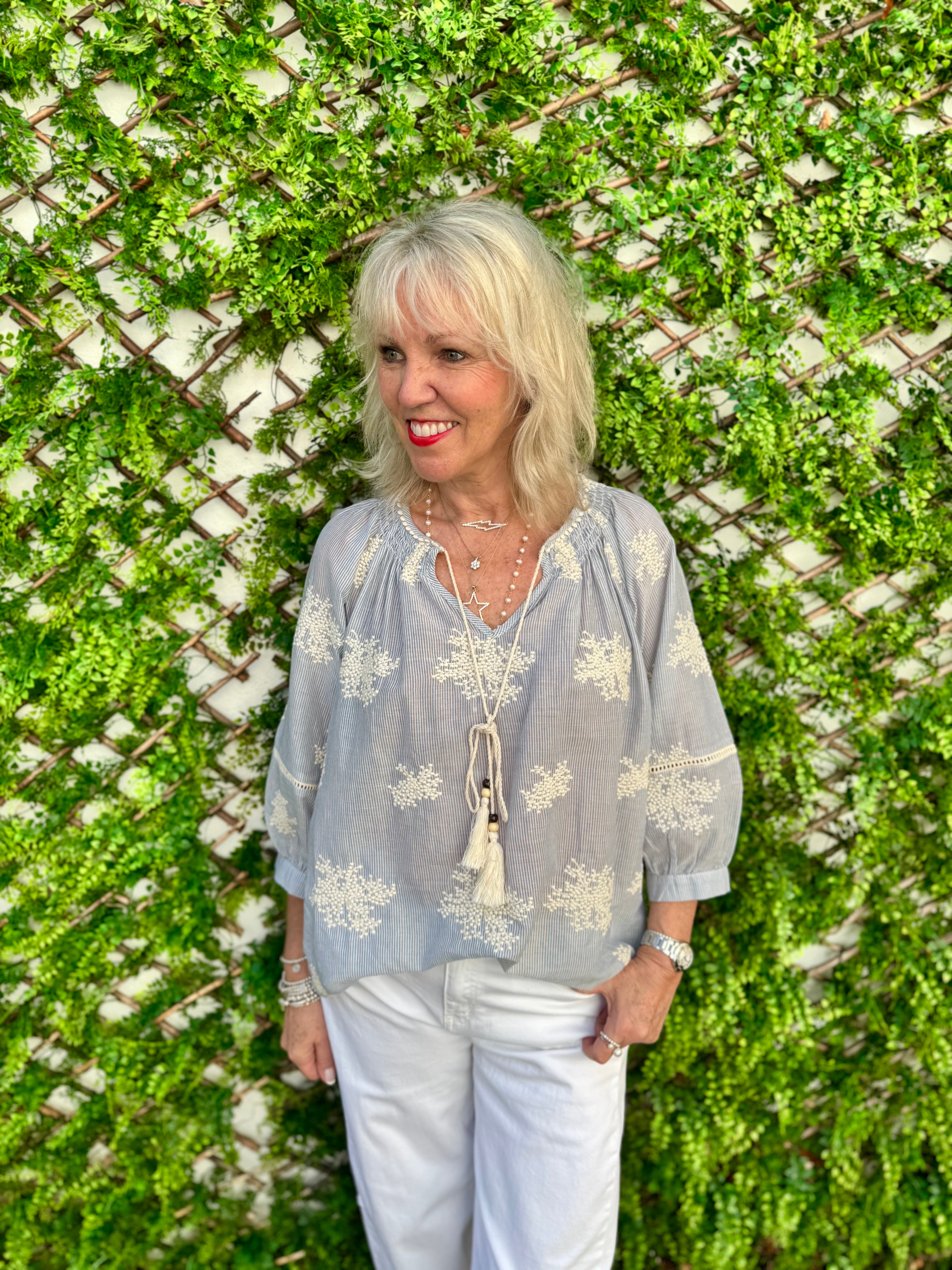 Embroidered Blouse in Blue & White