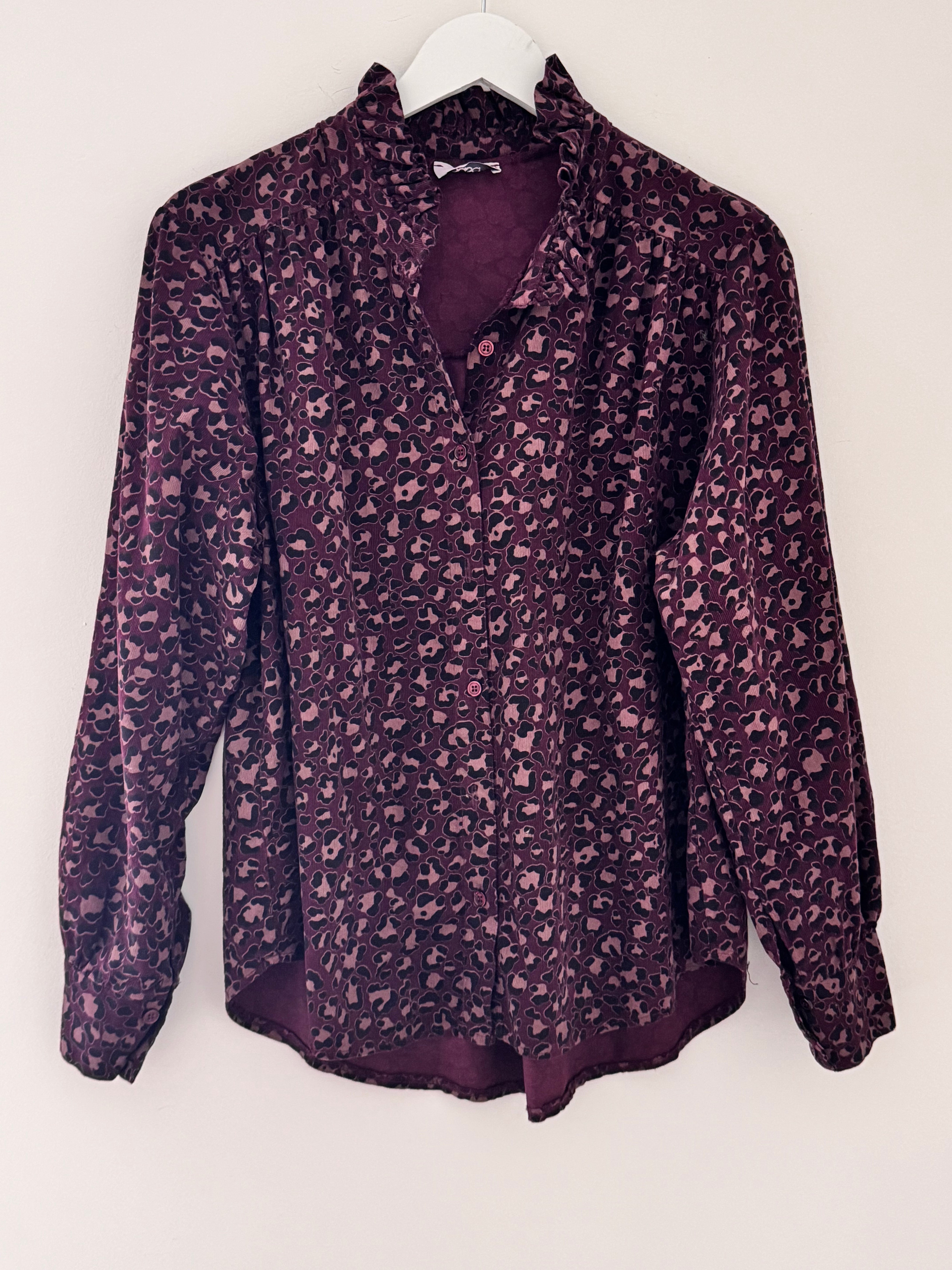 Needlecord Ruffle Blouse in Damson Leopard