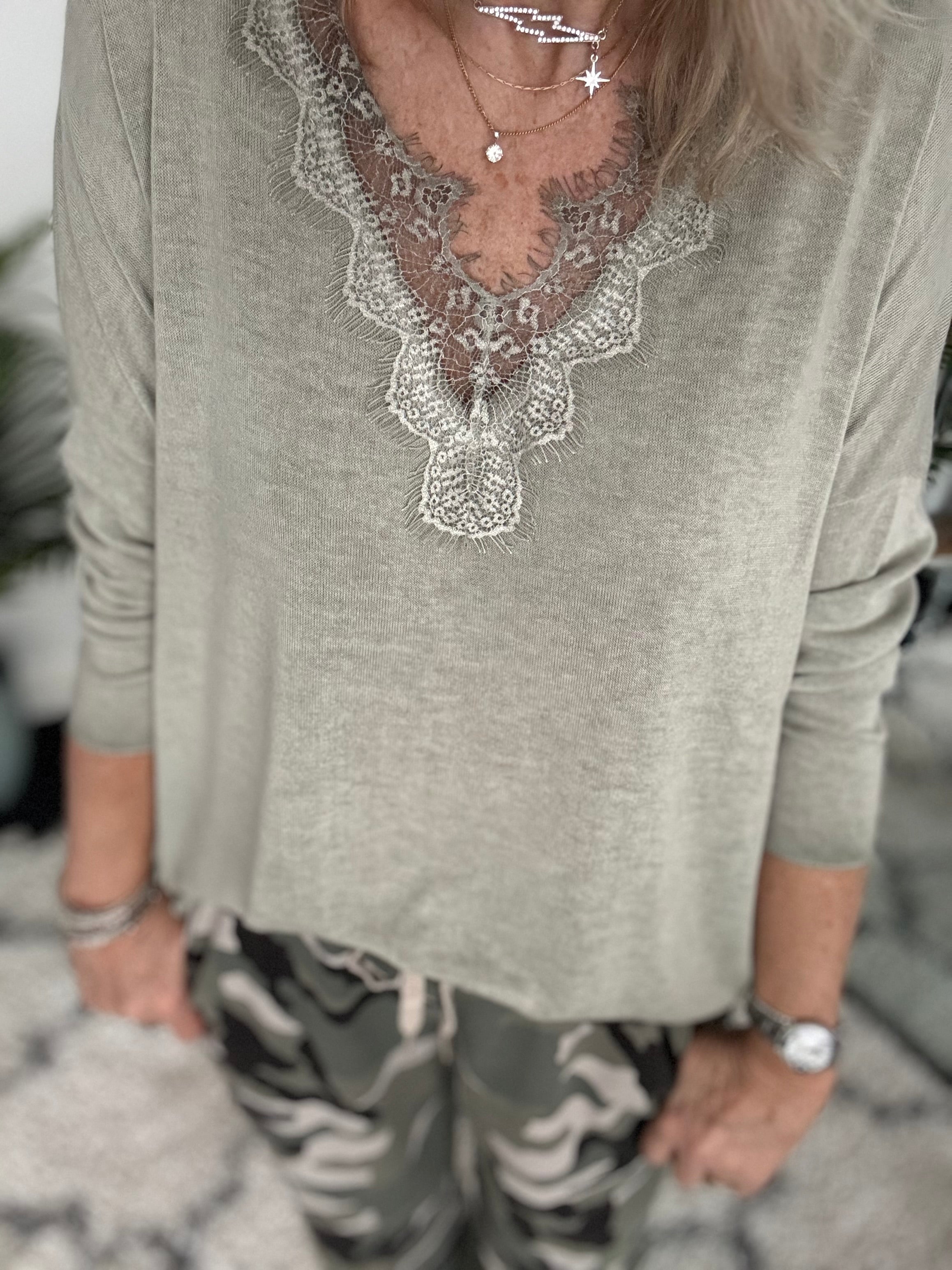 Lace Edge Lightweight Knit in Light Khaki