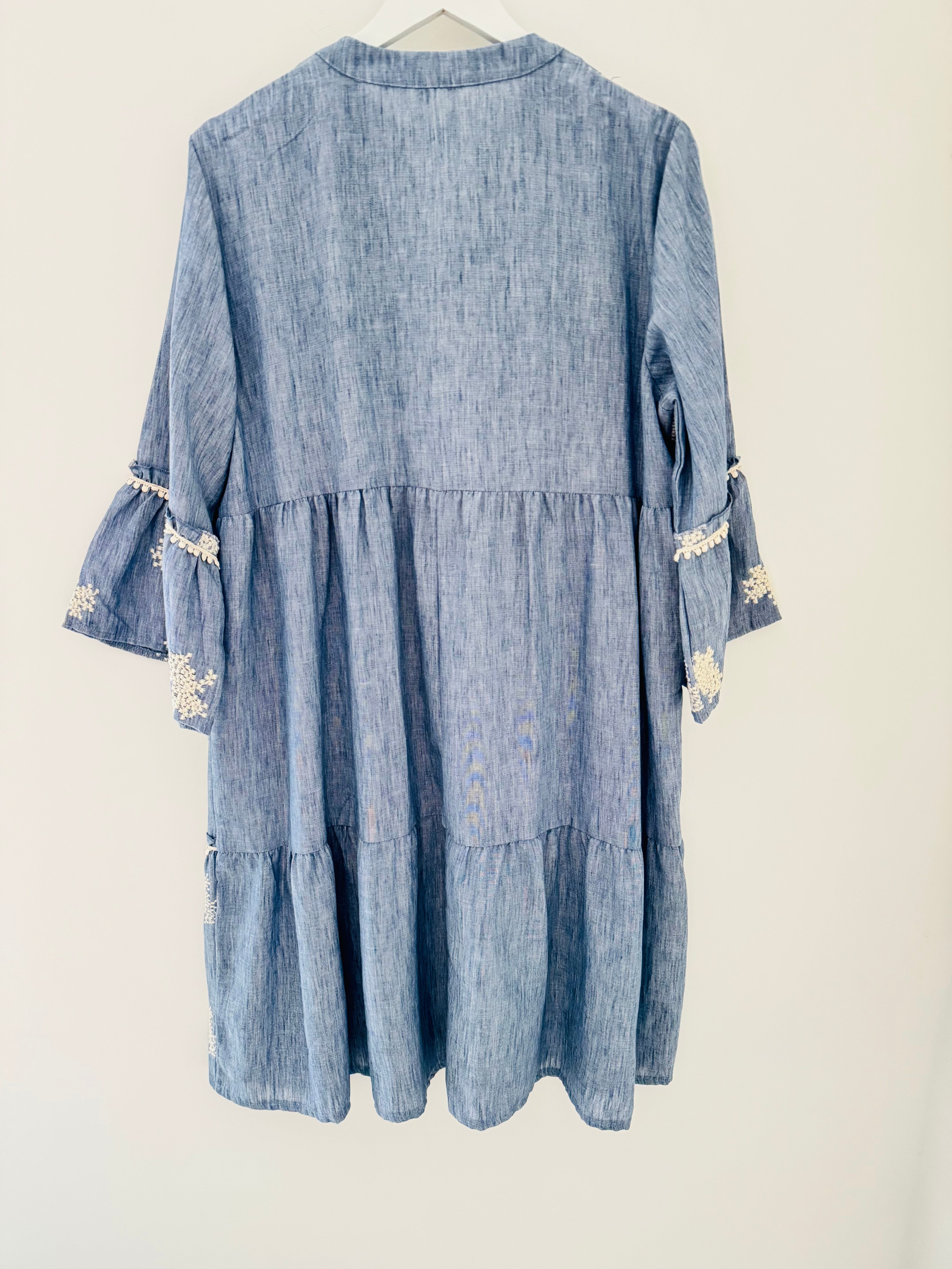 Embroidered Tiered Dress in Blue & White