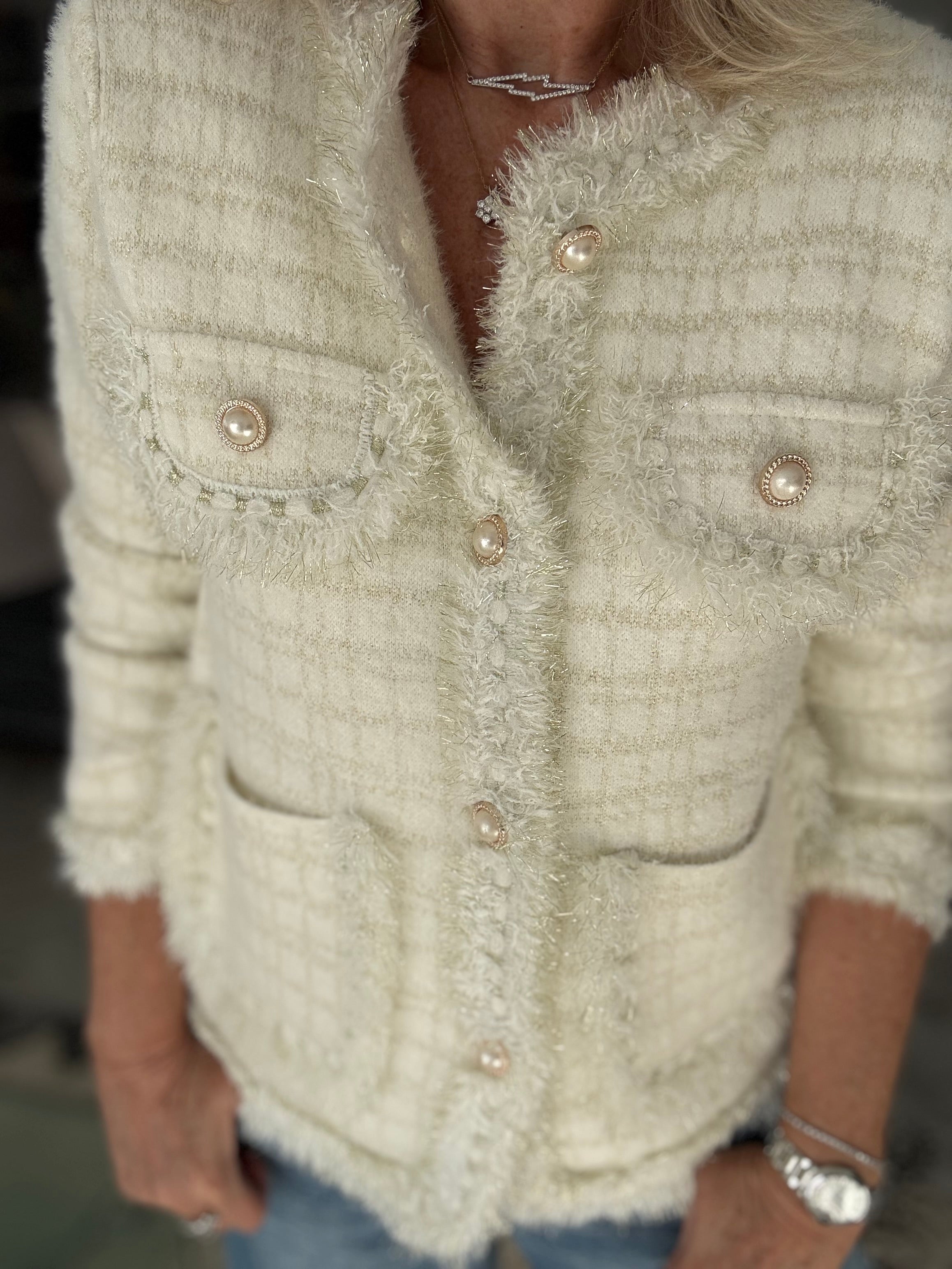 Pearl Button & Tweed Cardi Jacket in Ivory & Gold