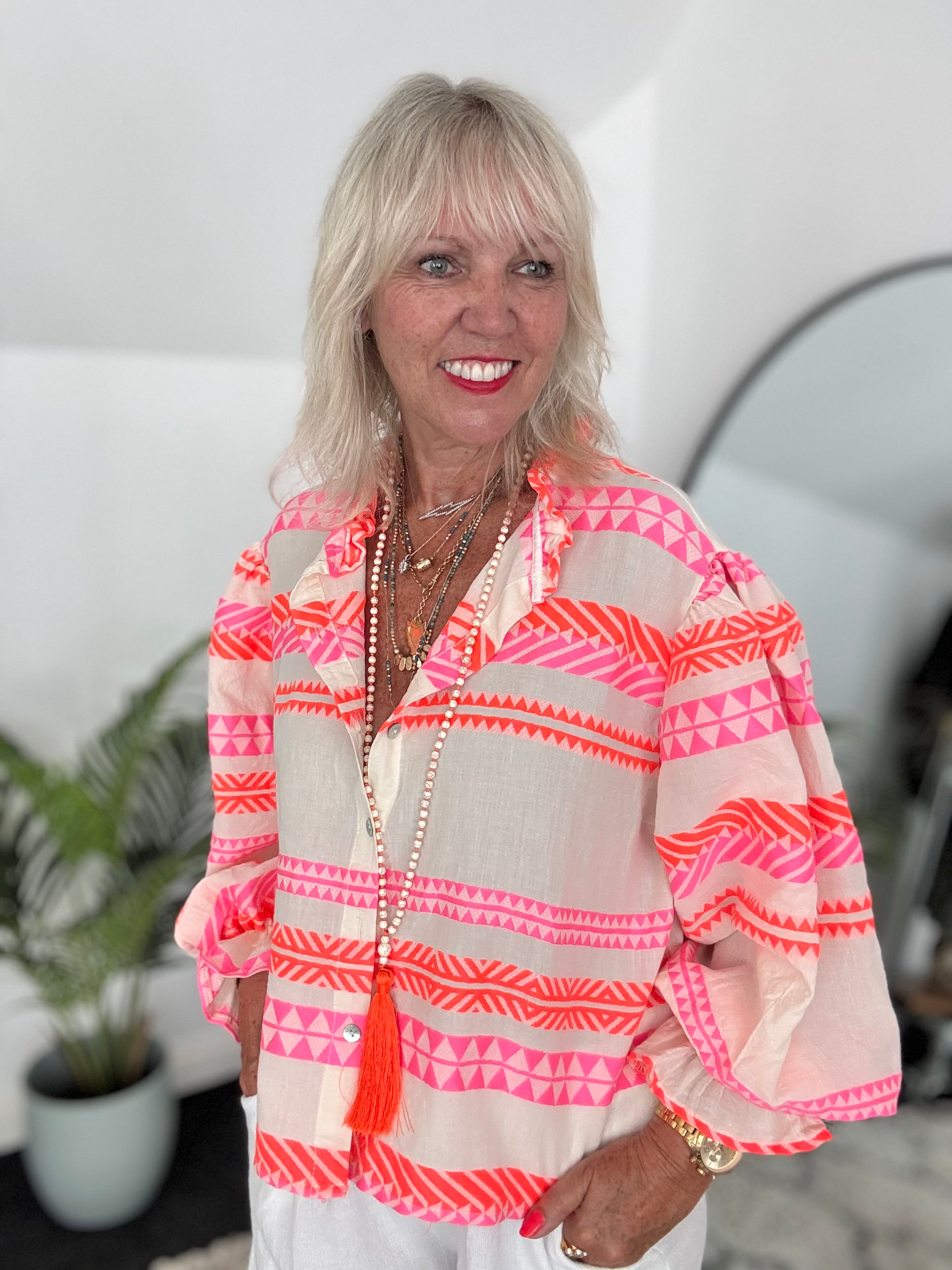 Embroidered Shirt in Neon Pink & Orange