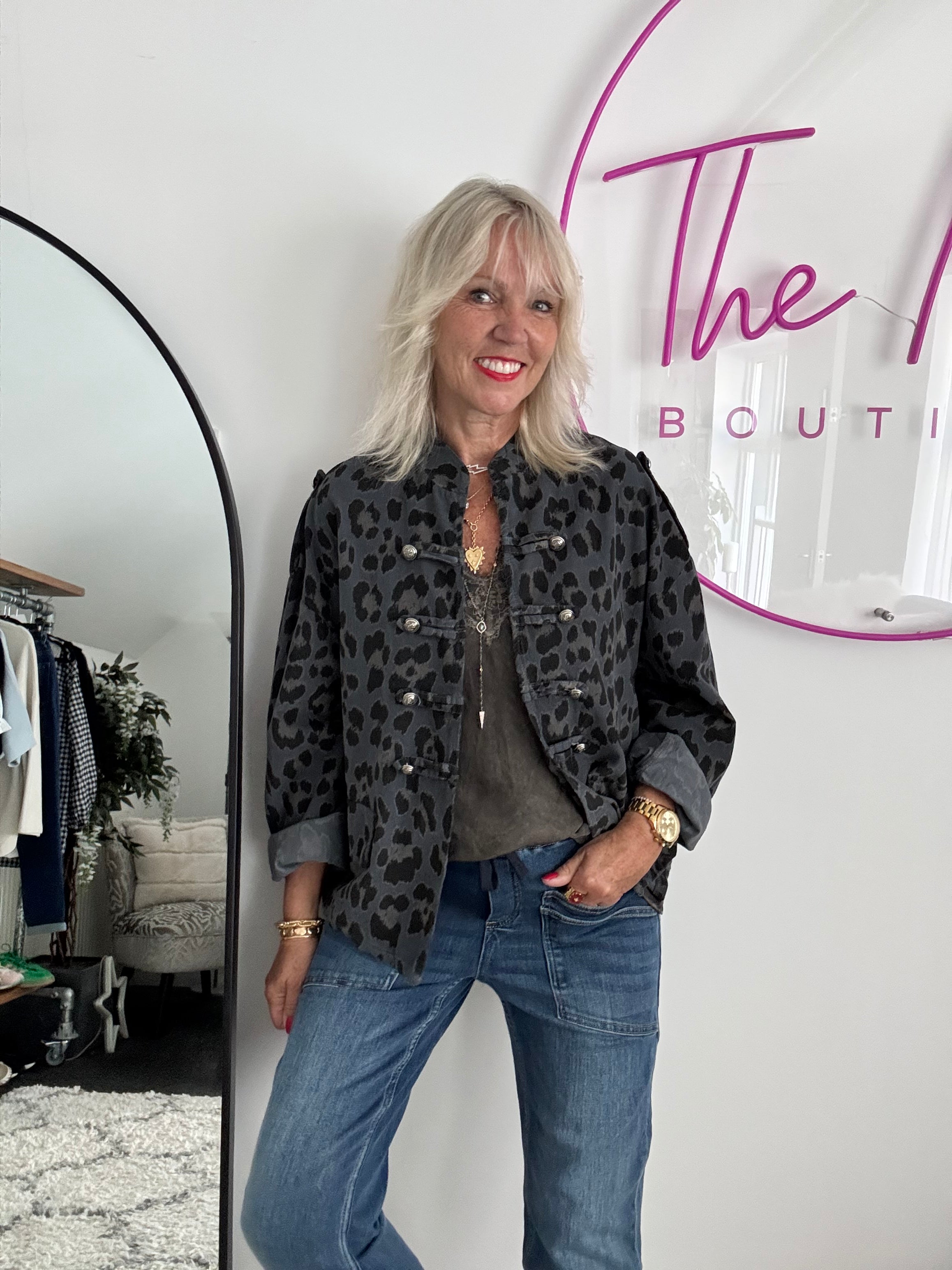 Needlecord Military Jacket in Grey Leopard