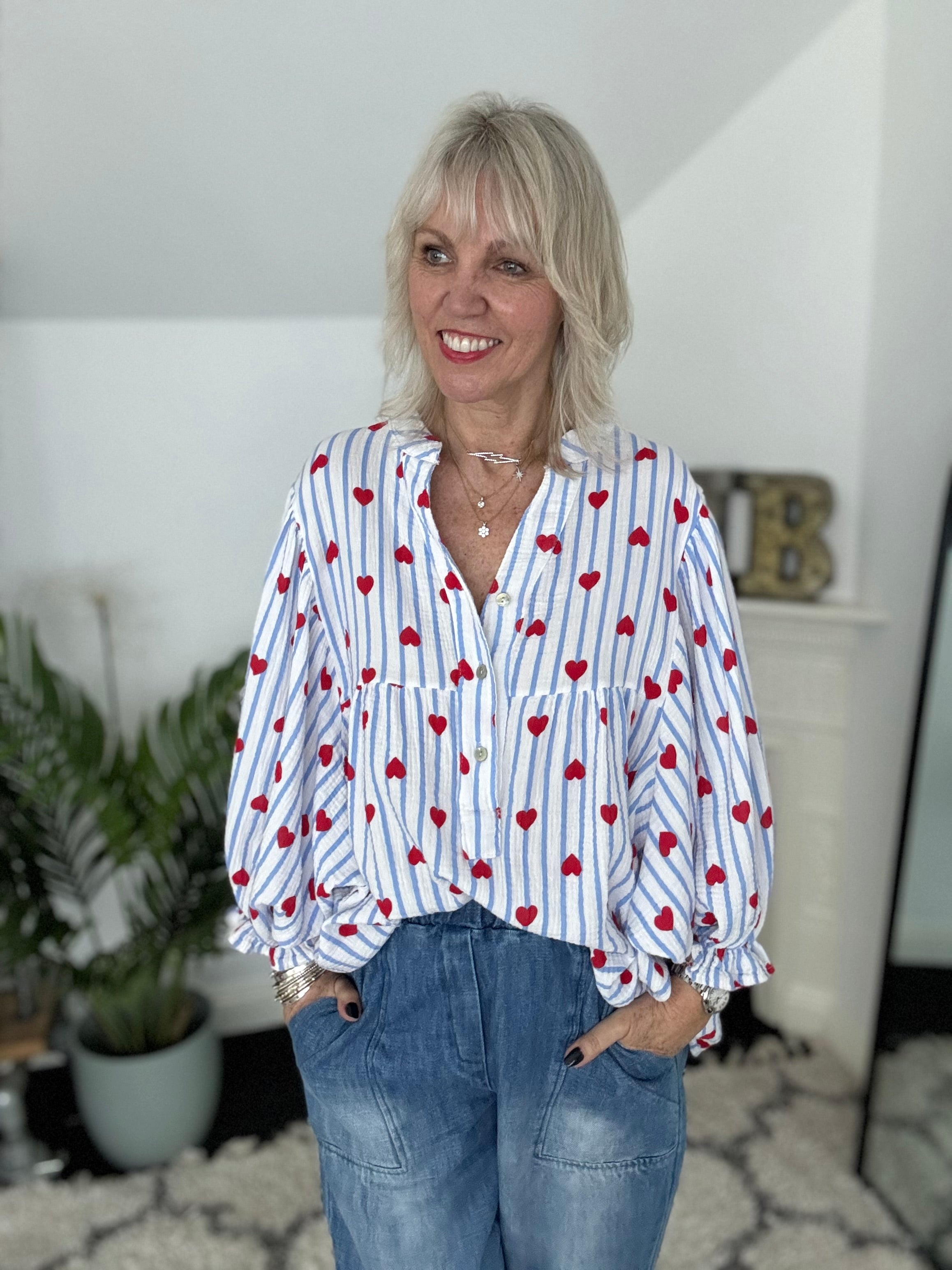 Oversized Cheesecloth Heart Blouse in Blue & Red