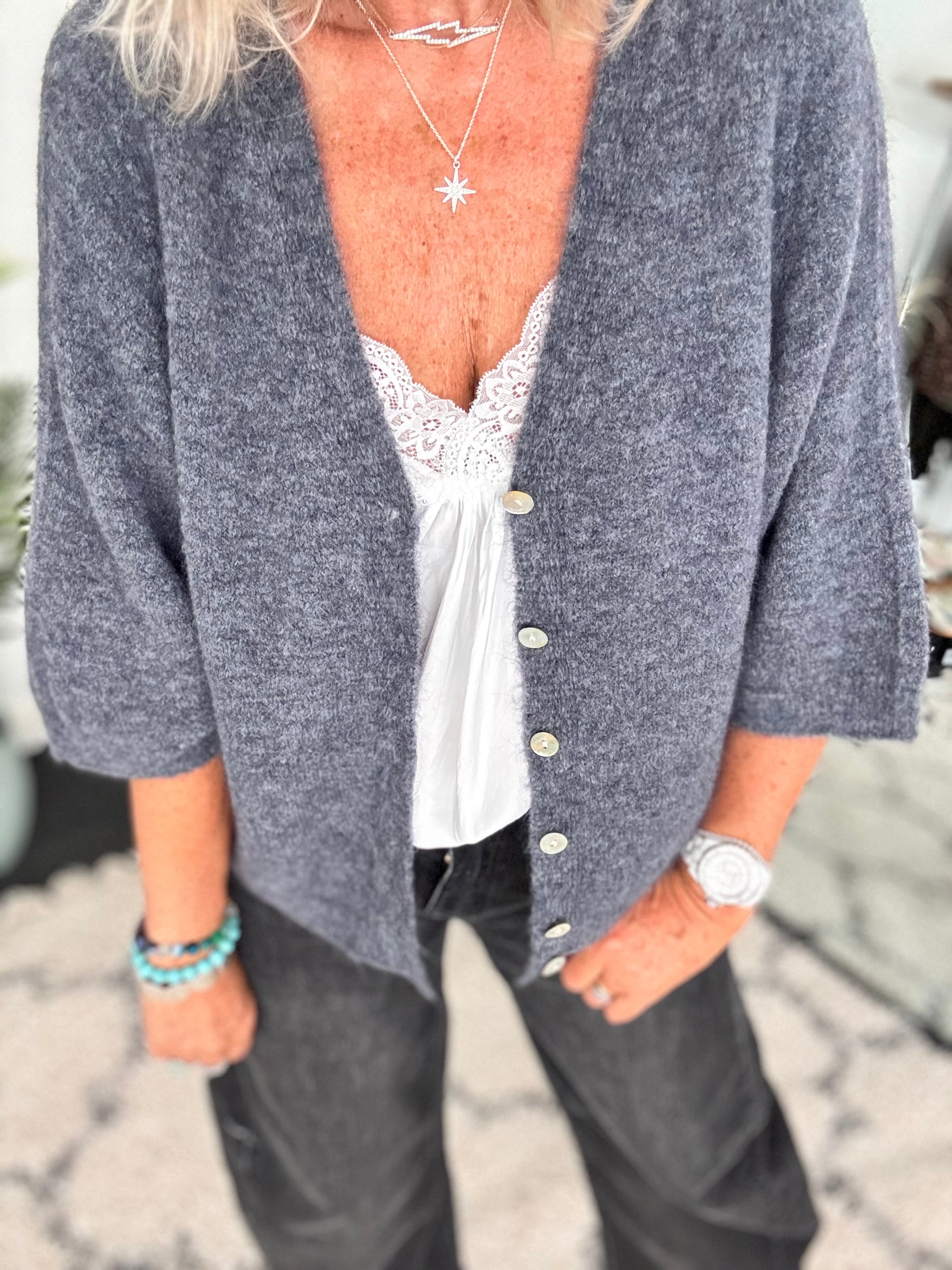 Alpaca Short Sleeve Cardi in Charcoal