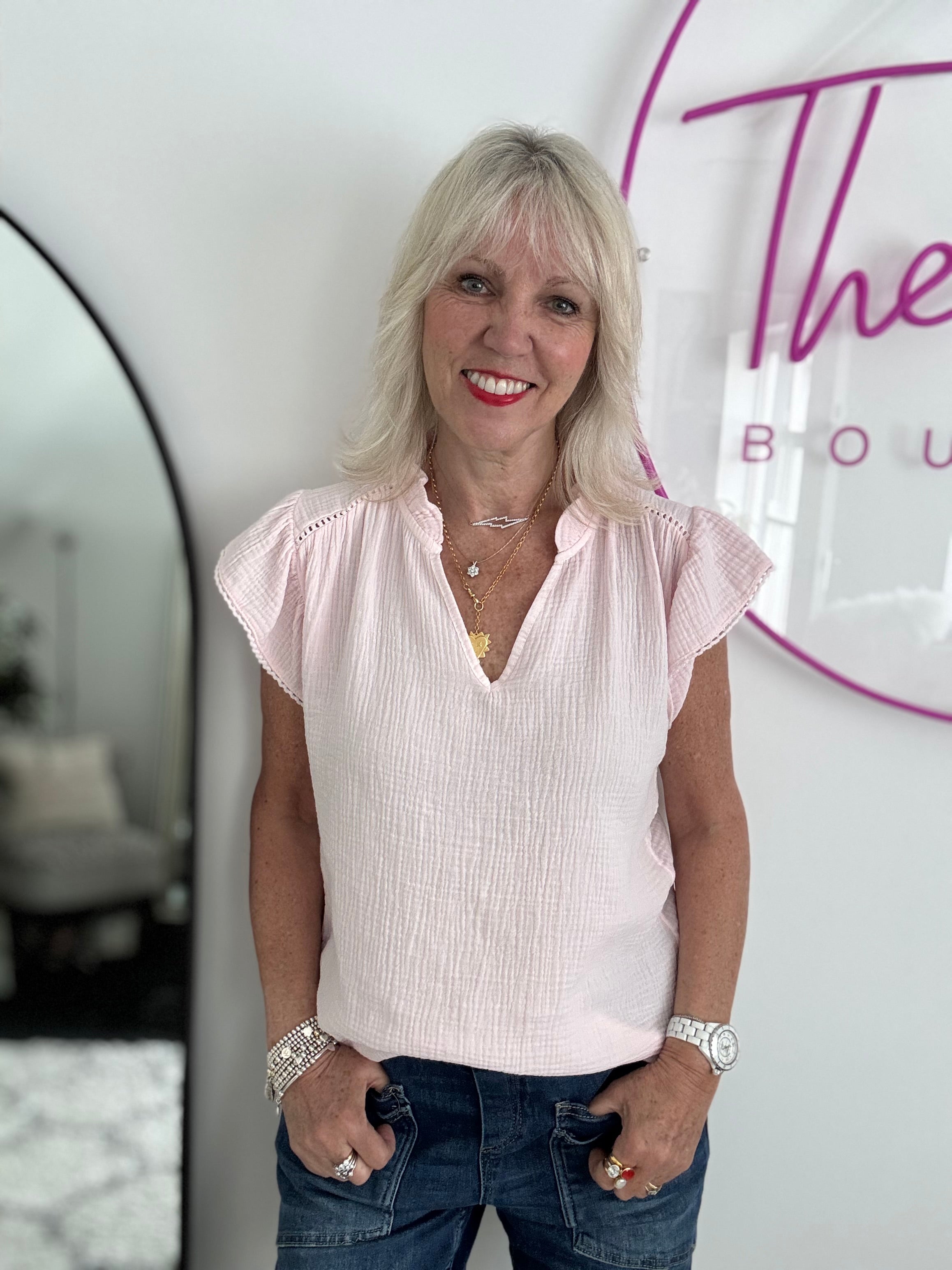 Cheesecloth Top with Ruffle Sleeves in Pink