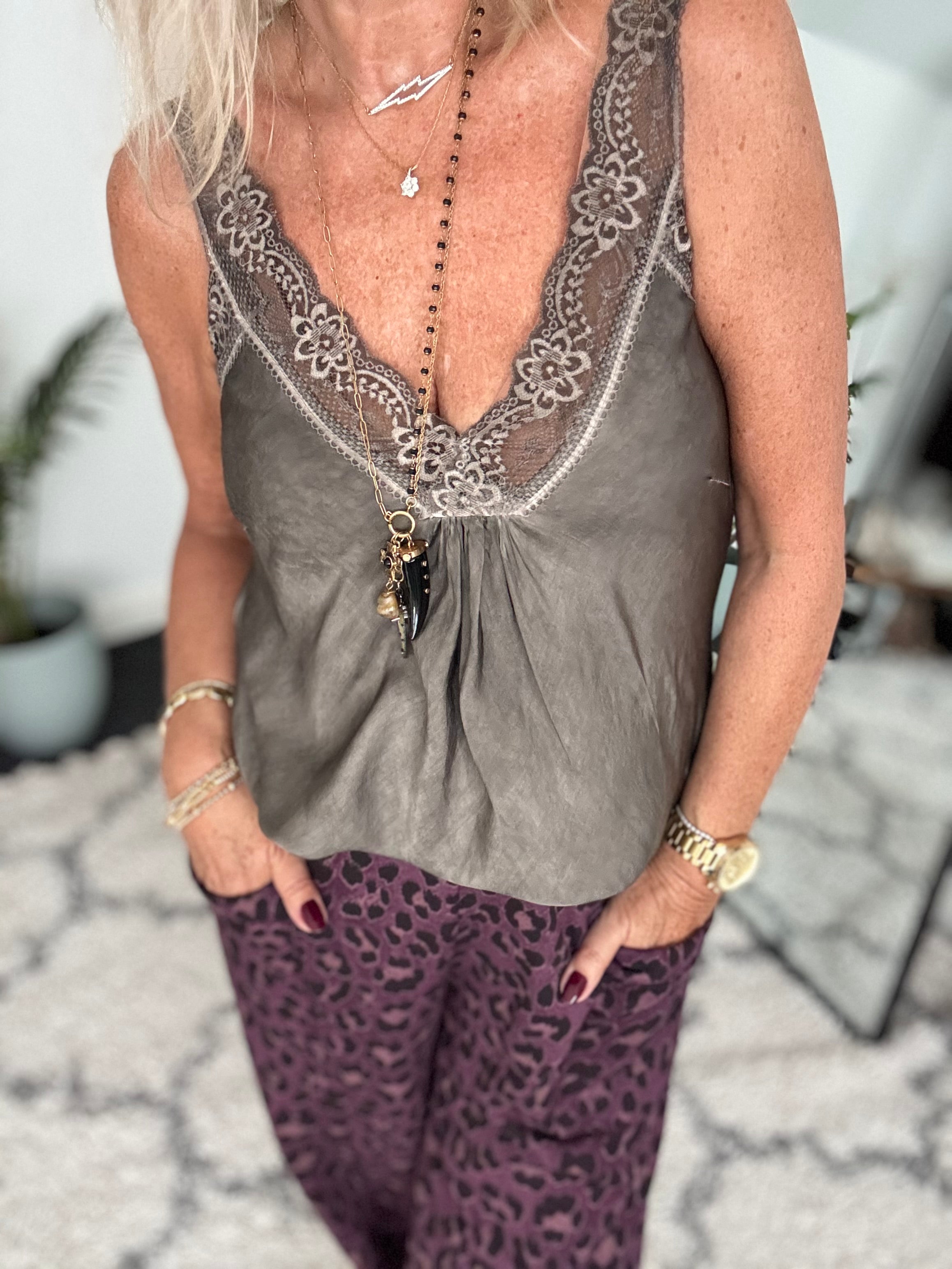 Lace Trim Silk Cami in Chocolate