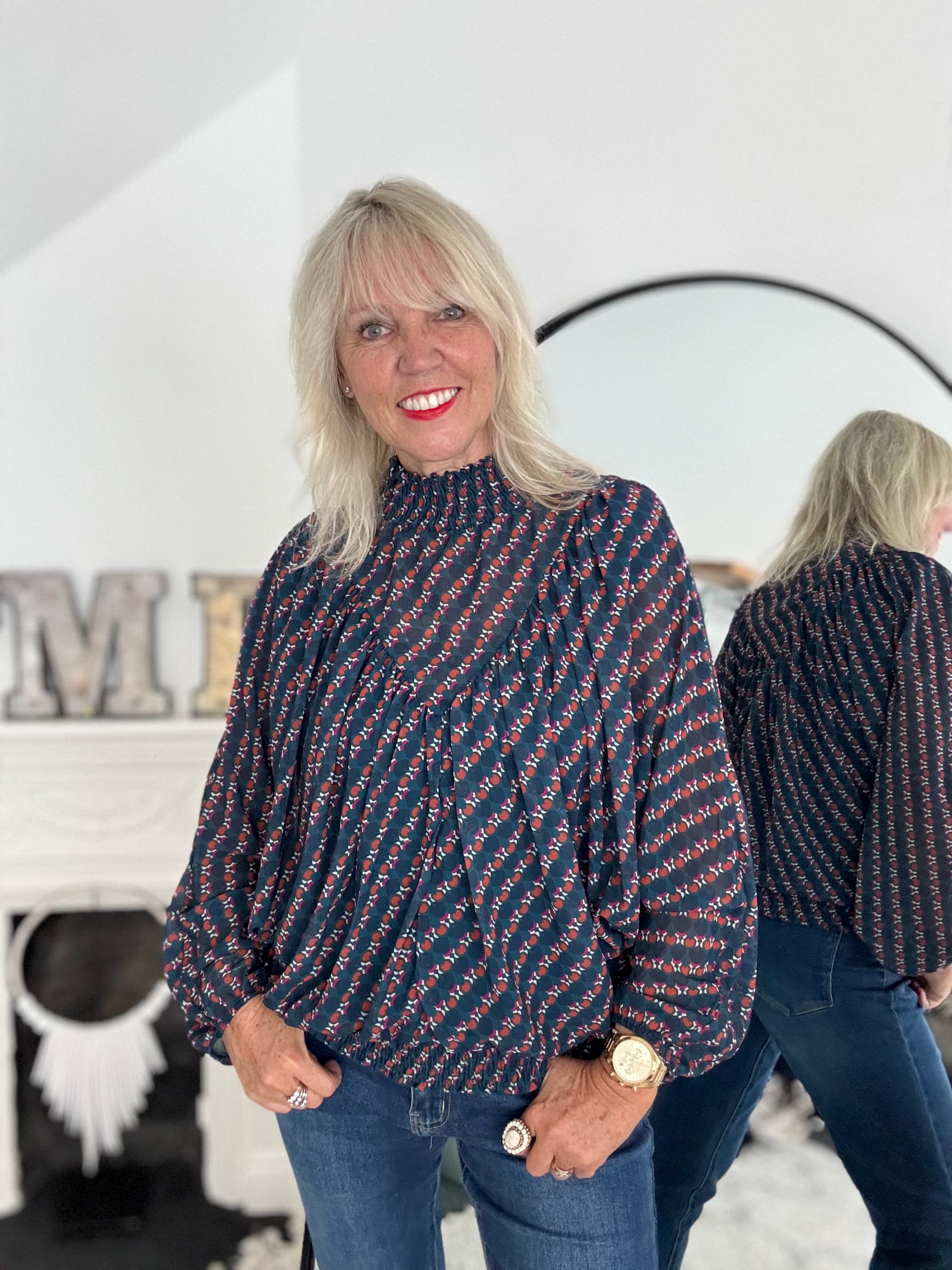 High Neck Blouse in Teal & Cherry