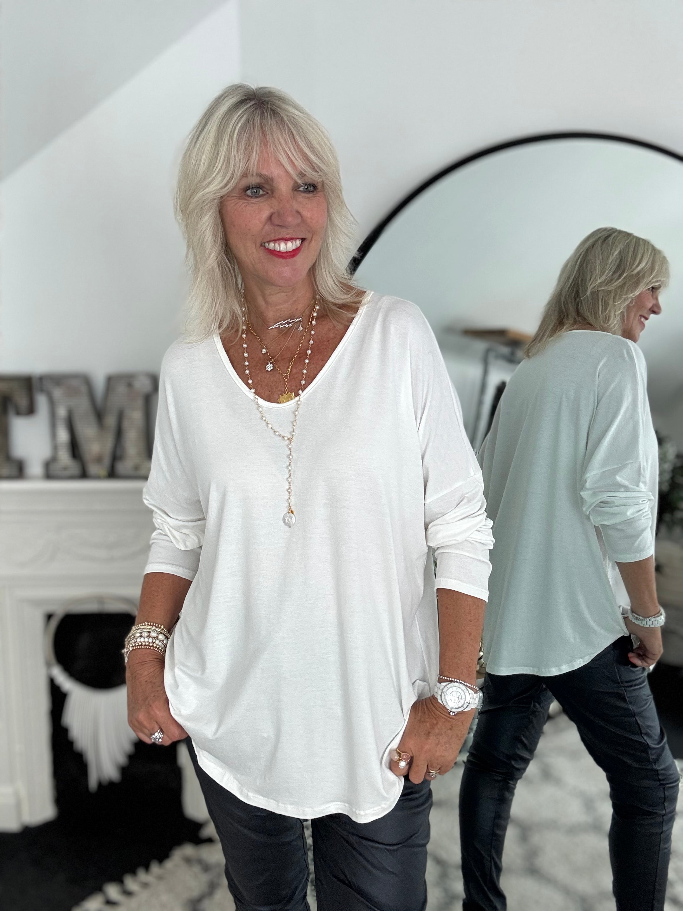 Oversized Long Sleeve Stretch Top in Ivory