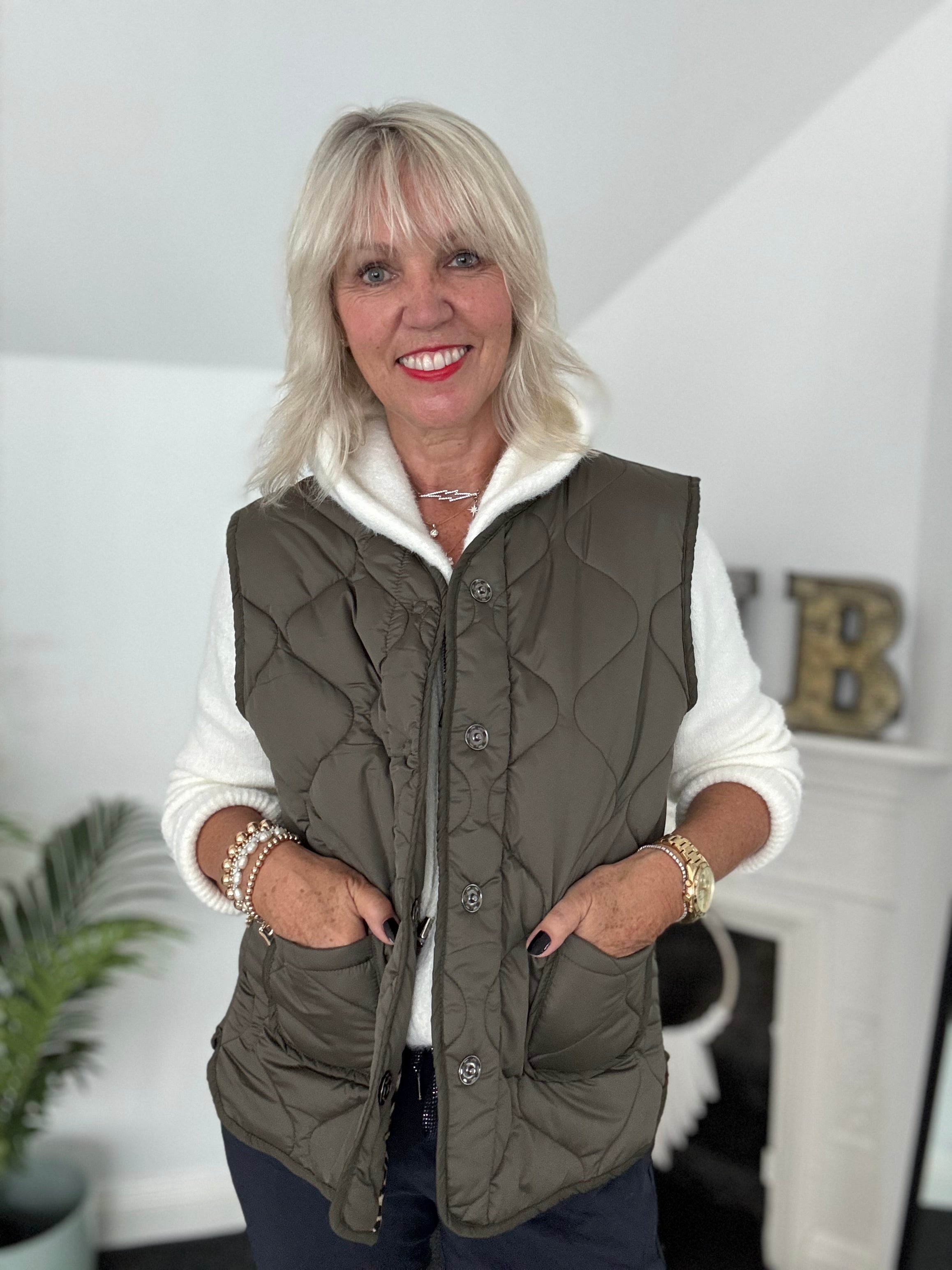 Reversible Quilted Gilet in Khaki & Leopard