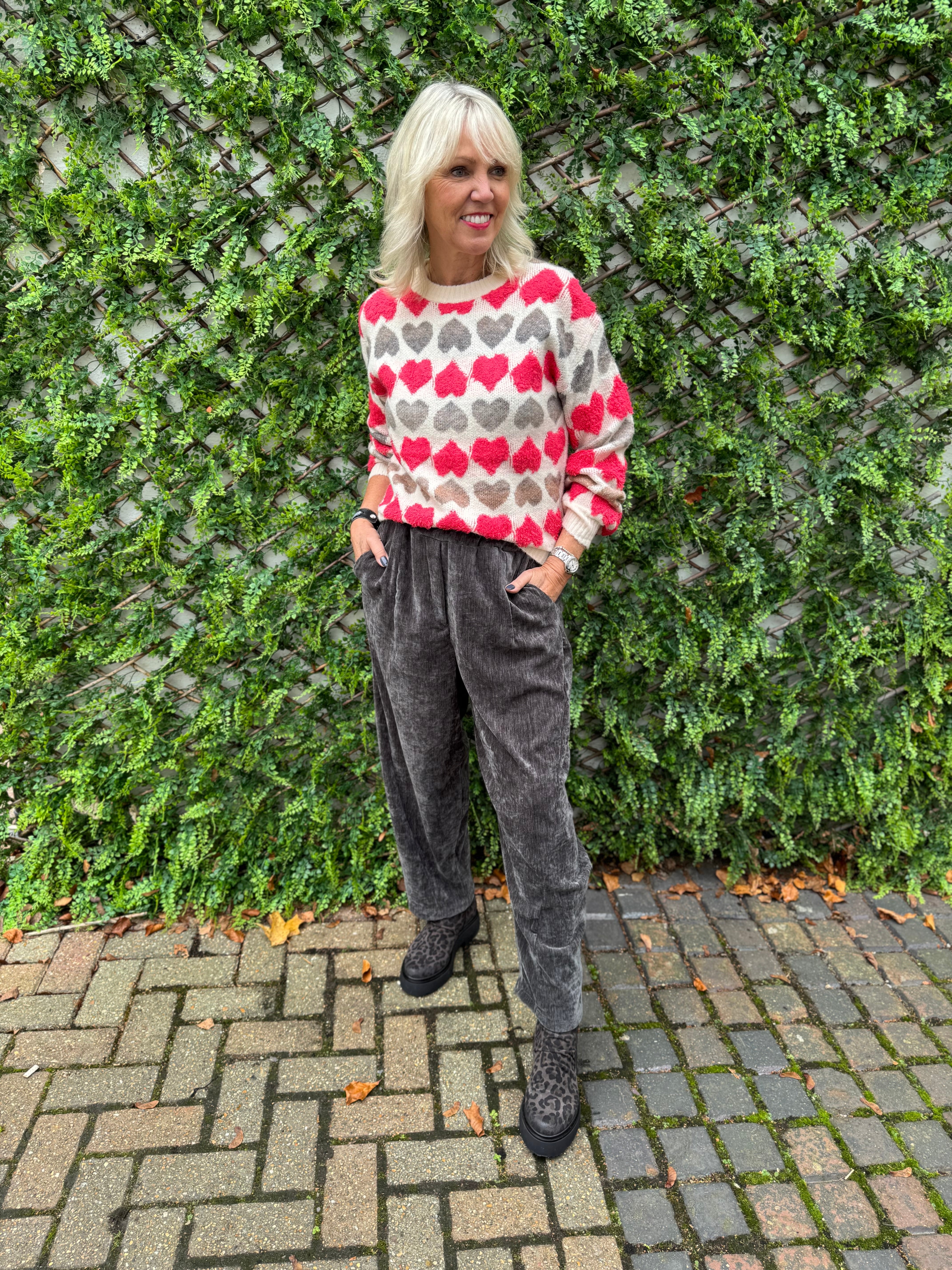 Velvet Stretch Boyfriend Trousers in Dark Grey