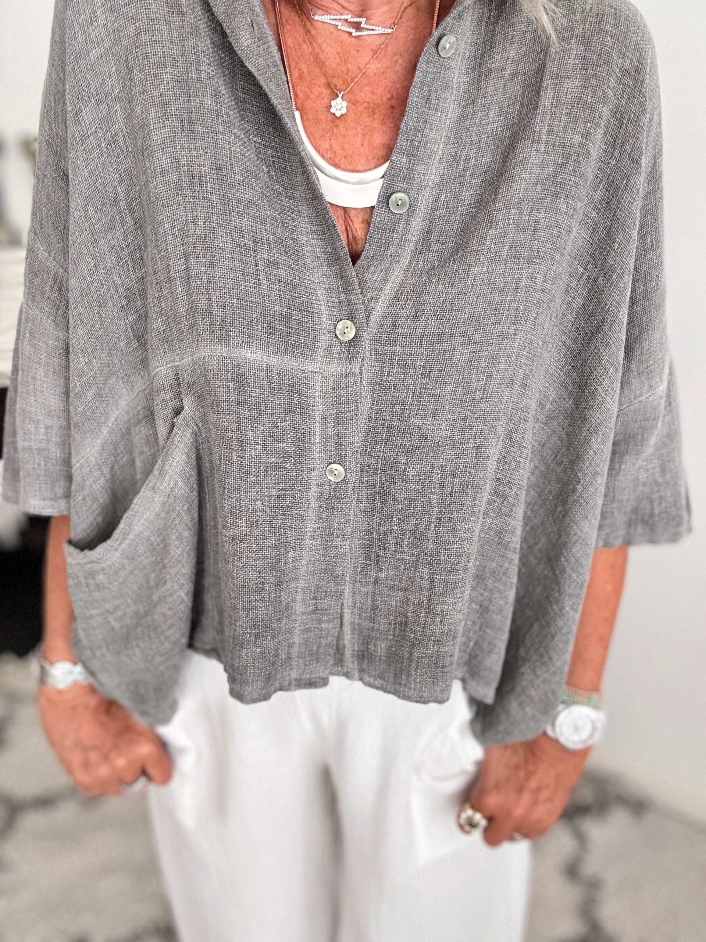 Linen & Cotton Buttoned Shirt in Soft Grey