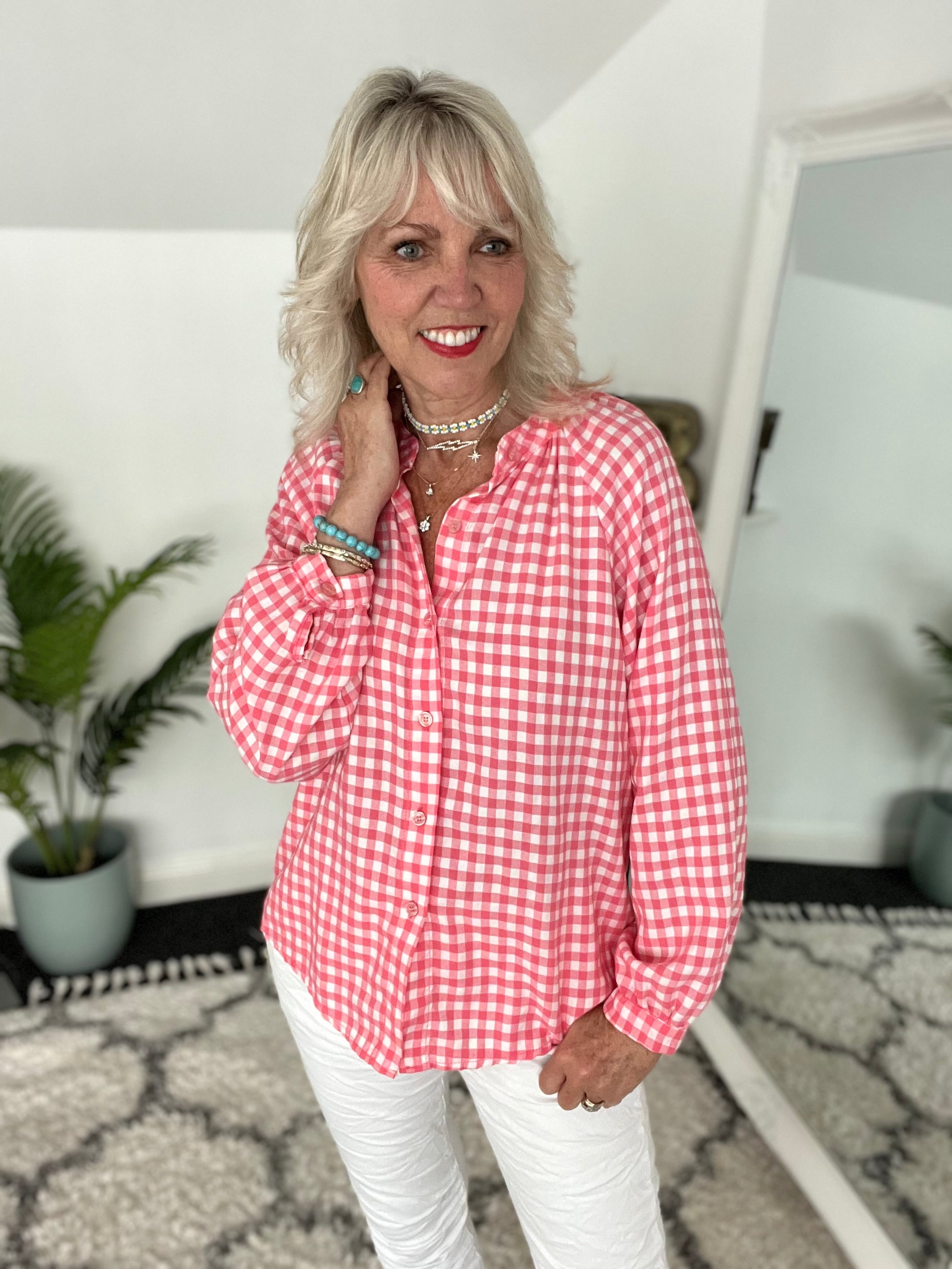Gingham Shirt in Coral Pink & White