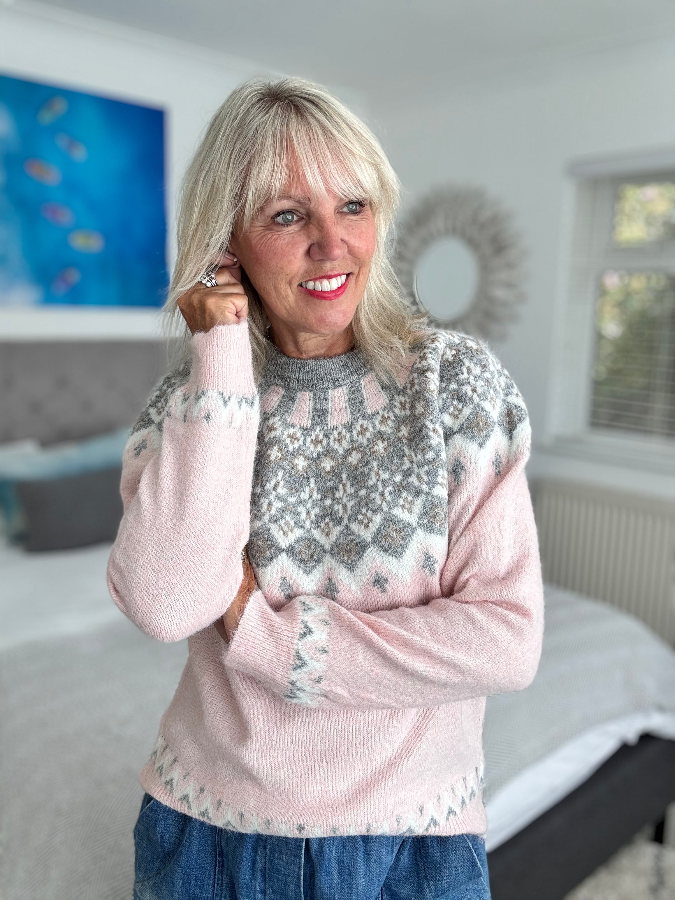 Soft Fair Isle Jumper in Pink & Grey