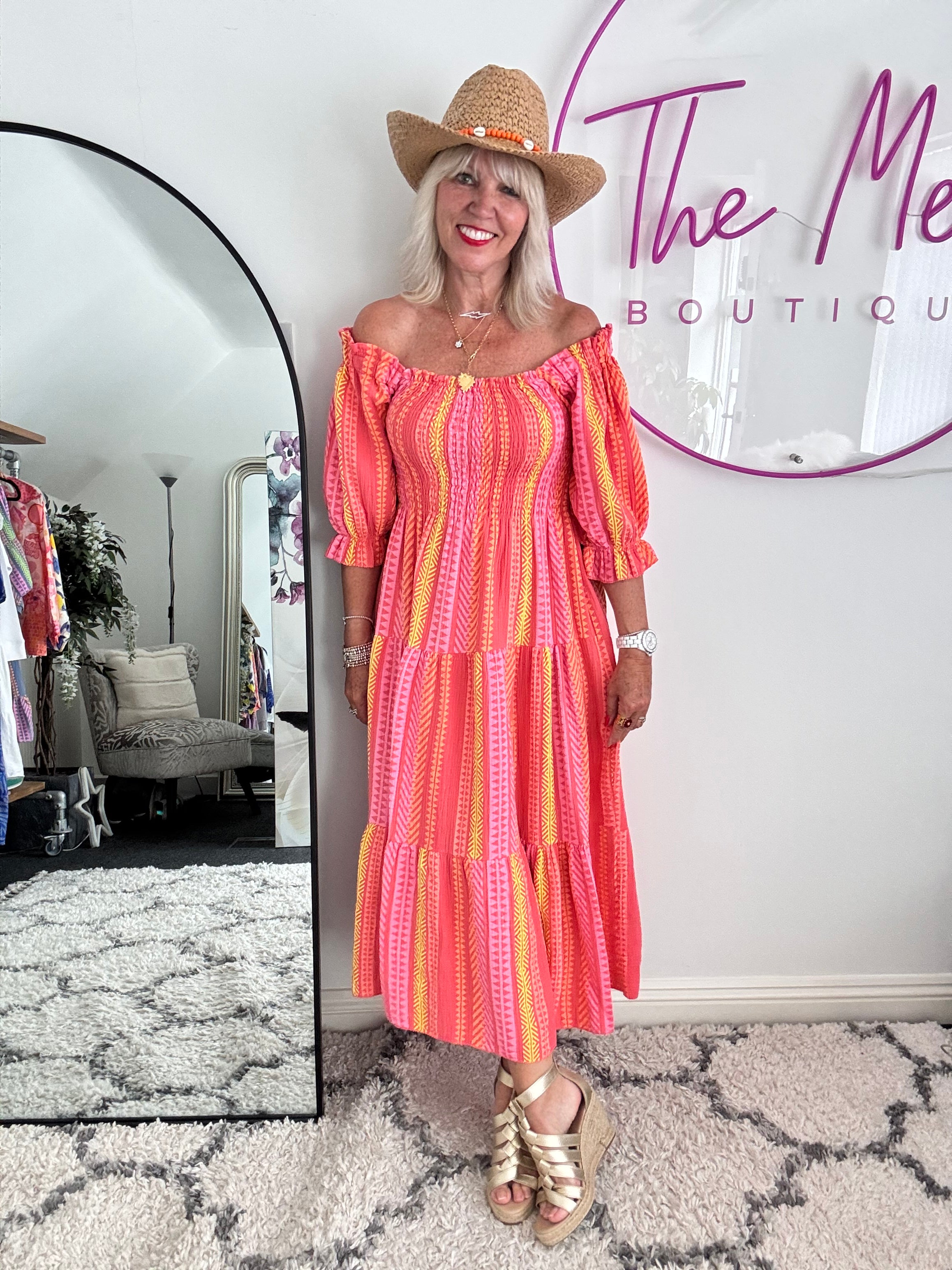 Aztec Shirred Midi Dress in Coral & Citrus