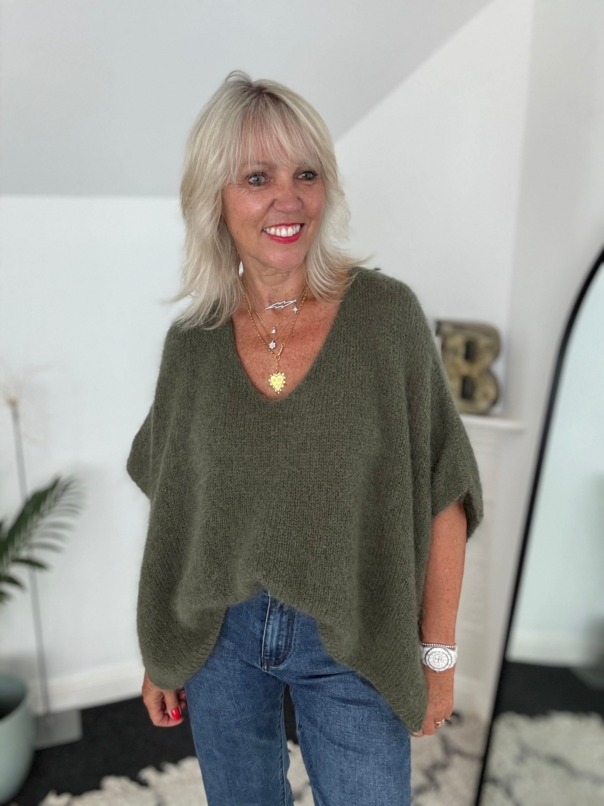 Oversized Mohair V Neck Tank in Khaki