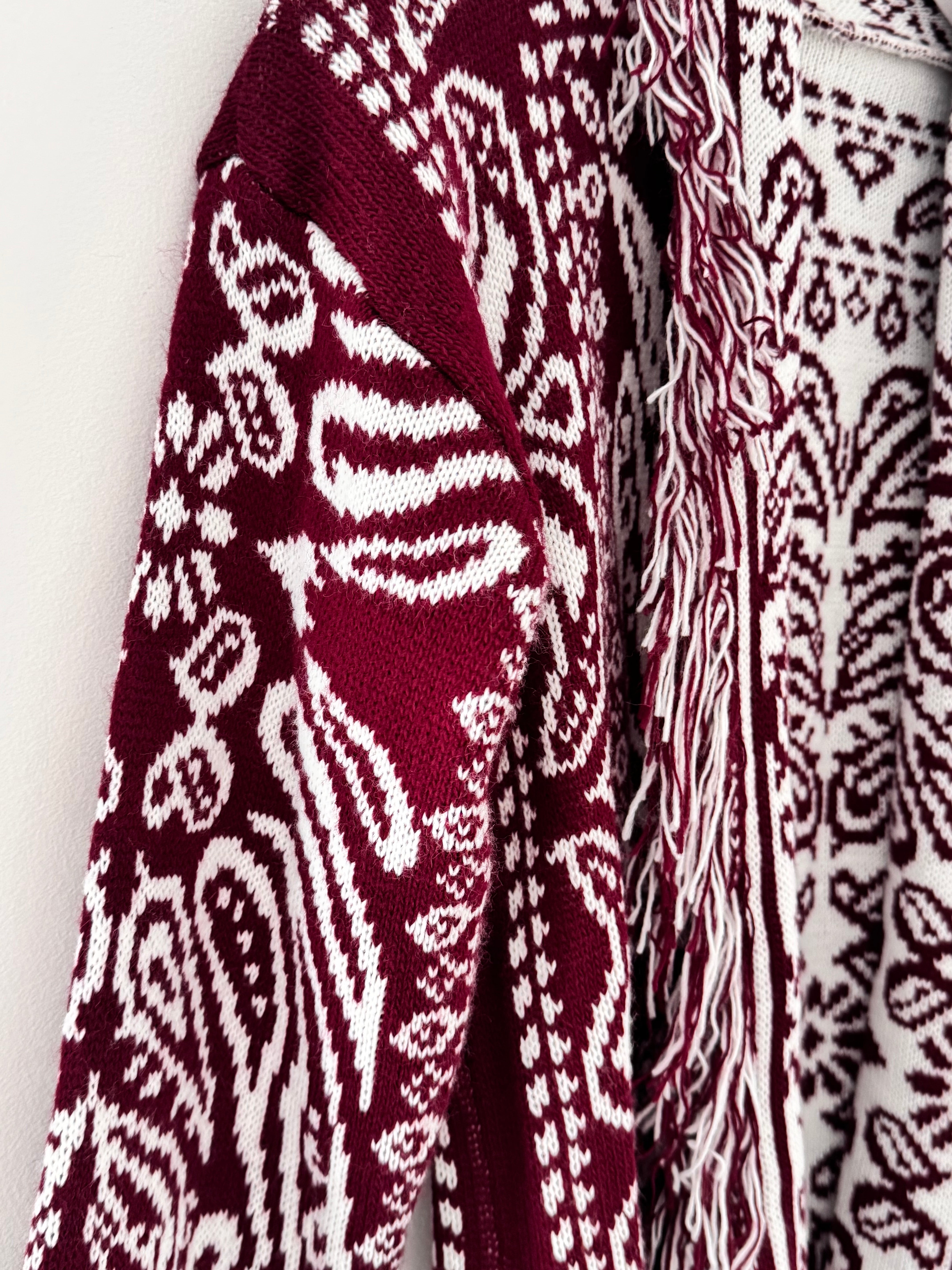 Fringed Paisley Cardigan in Wine