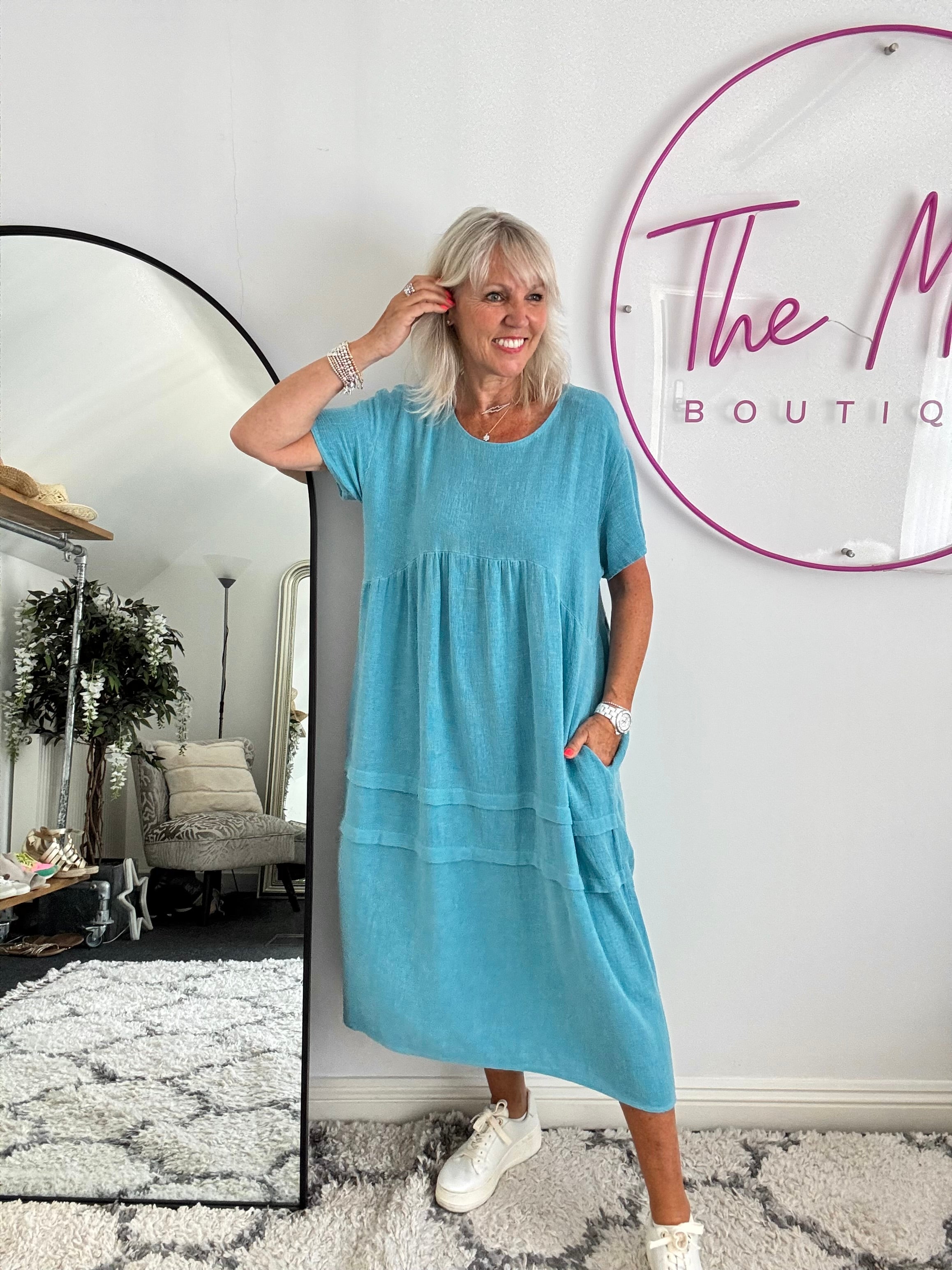 Cotton & Linen Cocoon Dress in Teal Blue