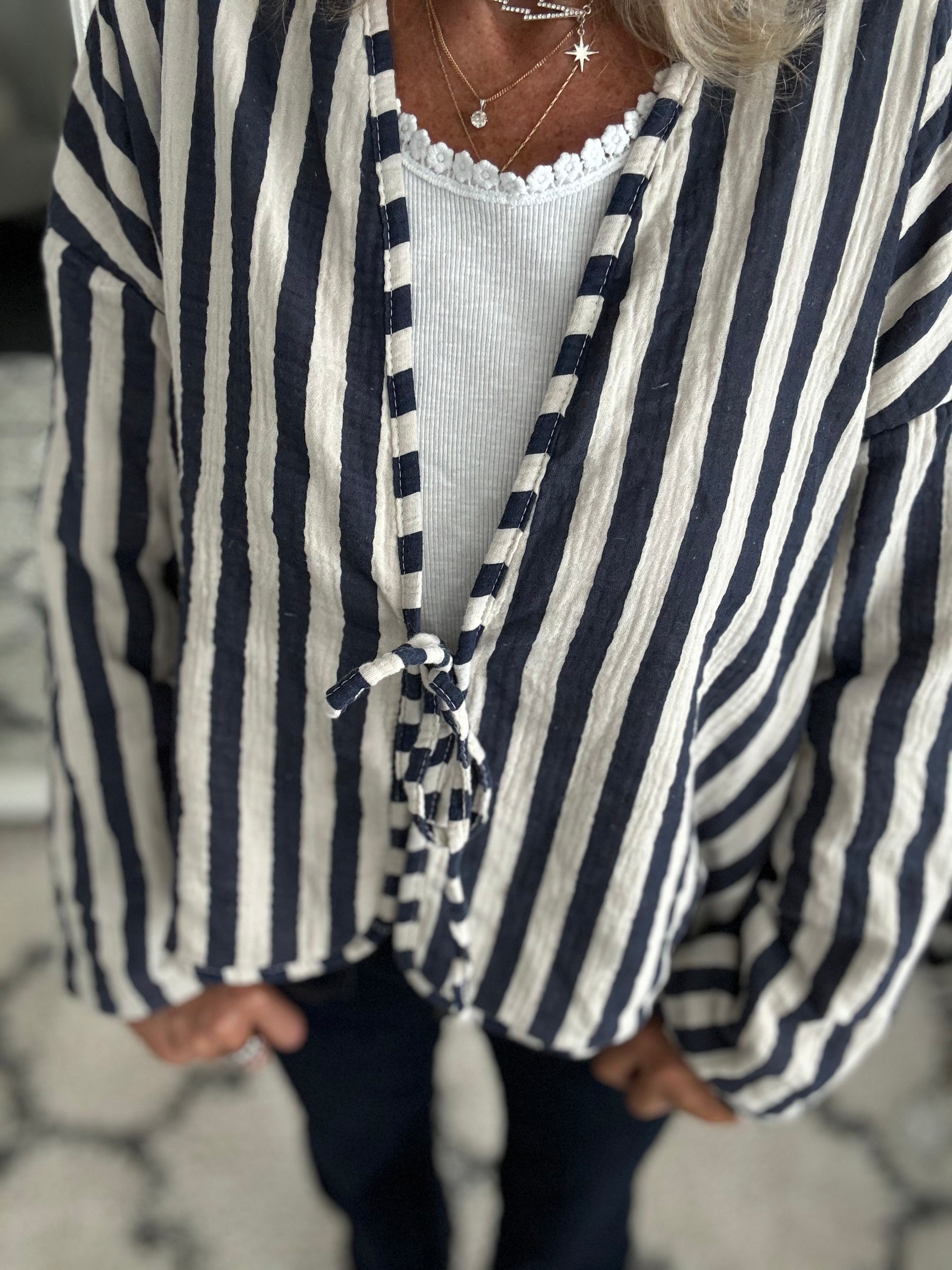 Quilted Stripe Jacket in Blue & Ecru