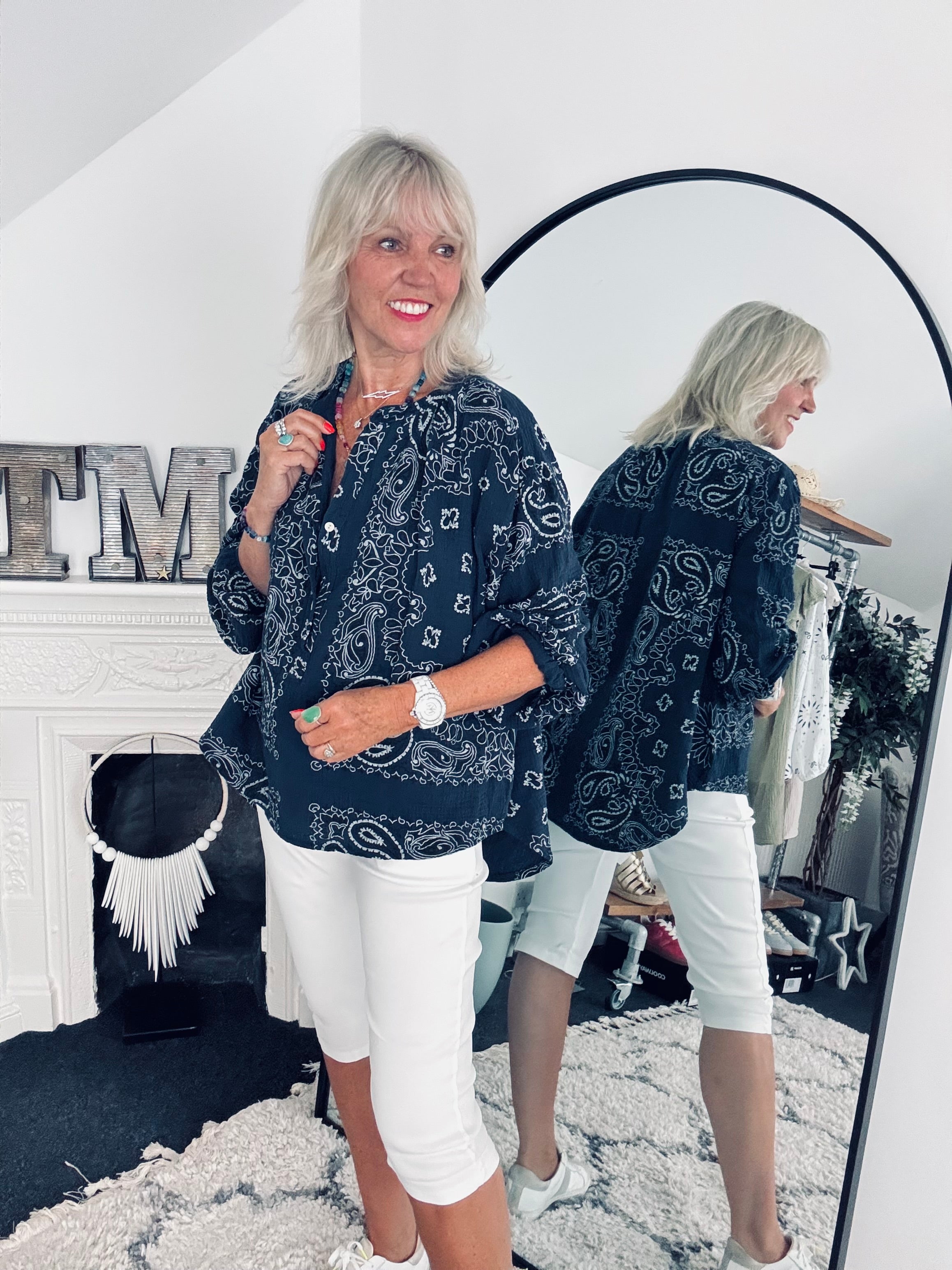 Oversized Paisley Cheesecloth Shirt in Navy